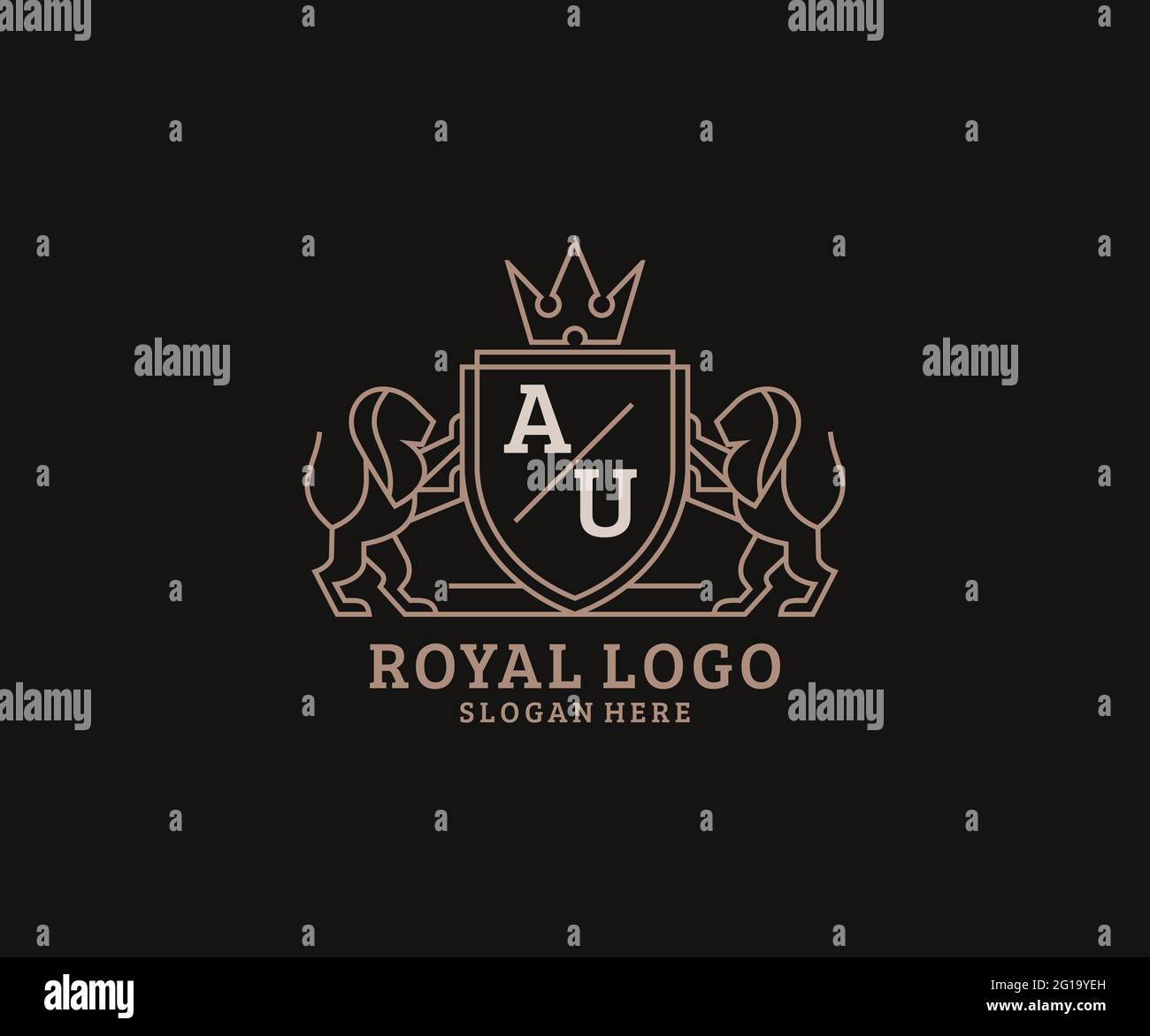 AU Letter Lion Royal Luxury Logo template in vector art for Restaurant, Royalty, Boutique, Cafe, Hotel, Heraldic, Jewelry, Fashion and other vector il Stock Vector