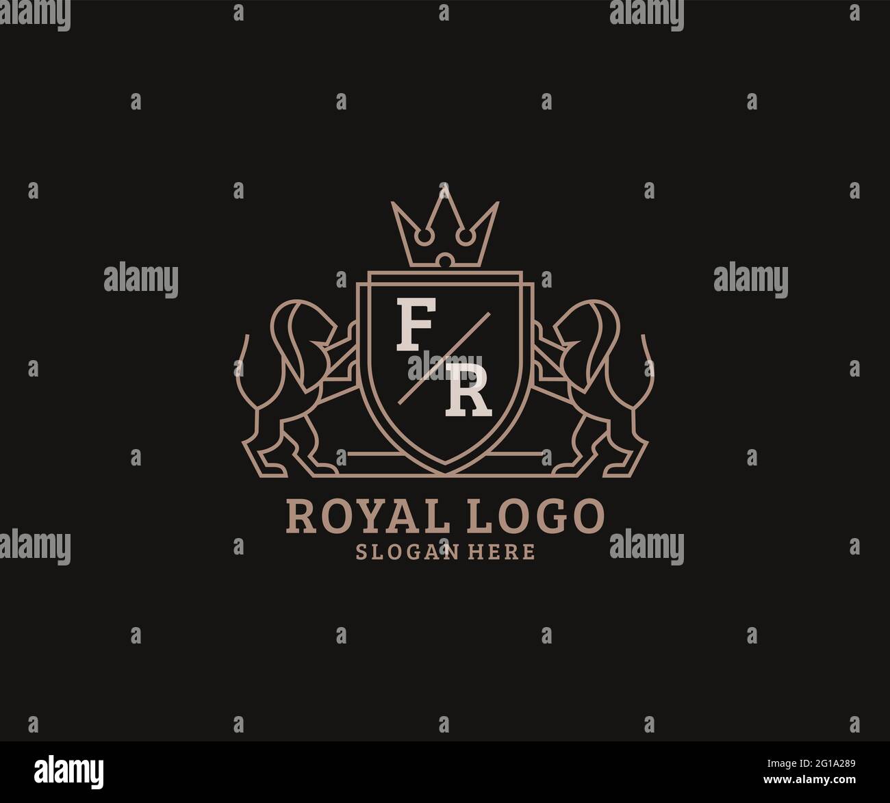 FR Letter Lion Royal Luxury Logo template in vector art for Restaurant, Royalty, Boutique, Cafe, Hotel, Heraldic, Jewelry, Fashion and other vector il Stock Vector