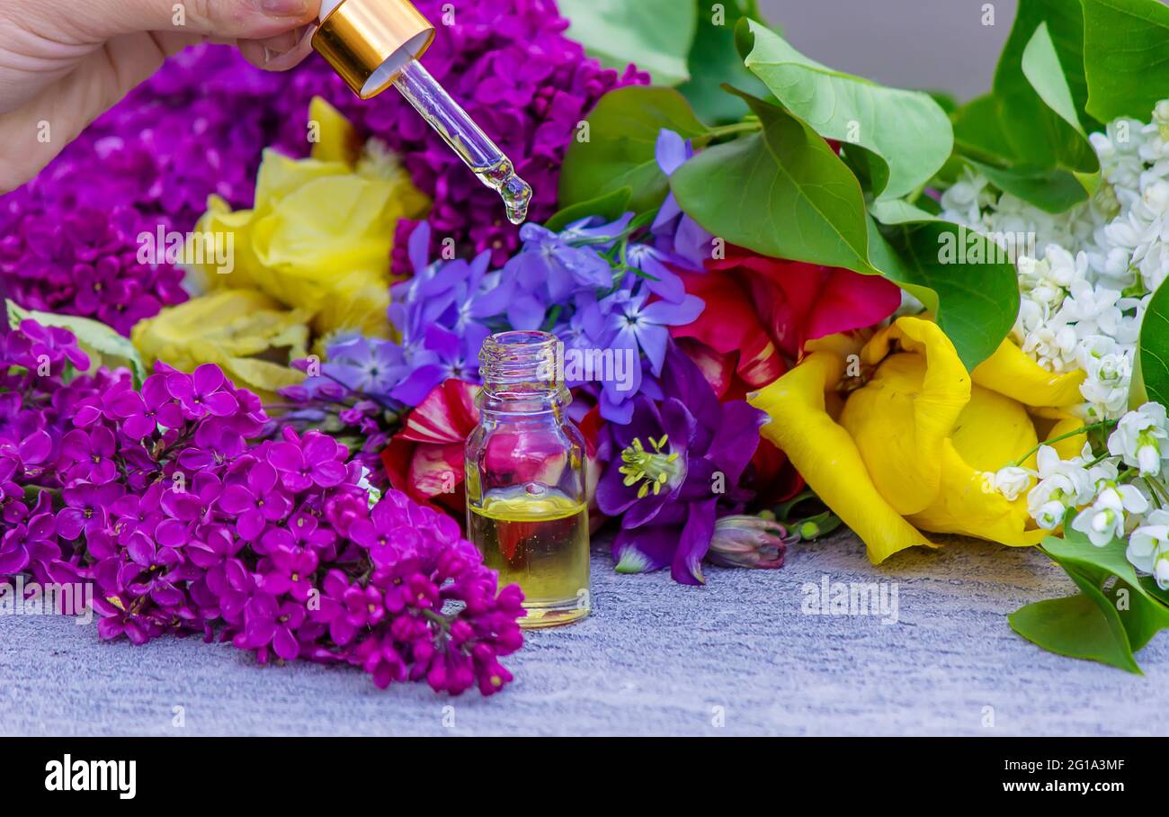 Flower Buzz Collection Flower Essential Oil. Lilac Essential Oil In A  Bottle. Nature. Selective Focus Stock Photo, Picture and Royalty Free  Image. Image 169758749.