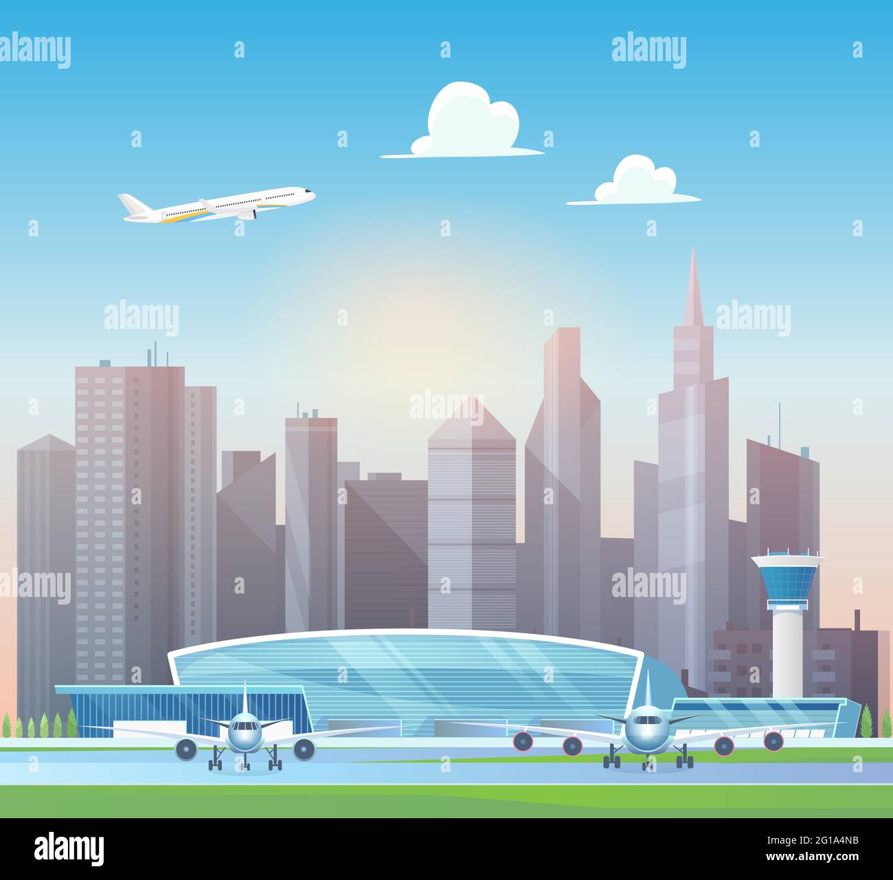 Modern airport terminal, airplane taking off into sky above office  skyscrapers vector illustration. Cartoon aeroplanes stand on airfield  runway, control tower buildings, airport structure background Stock Vector  Image & Art - Alamy