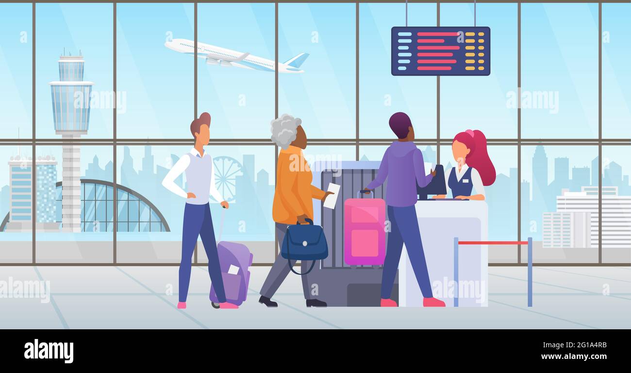 People passenger at international airport check in vector illustration. Cartoon tourist characters standing in line before travel, airline desk counter for checking ticket documents background Stock Vector