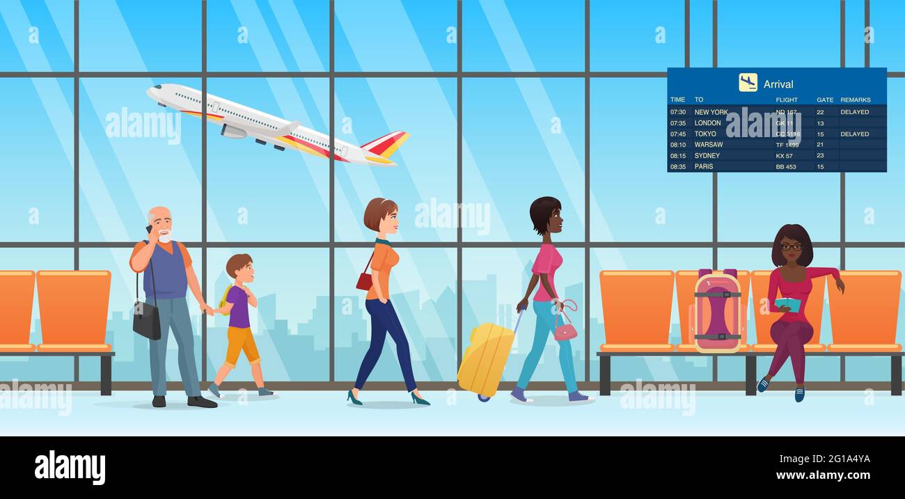 People passengers in international departure airport terminal interior vector illustration. Cartoon family tourist characters walking, talking by phone, waiting and sitting in chairs background Stock Vector