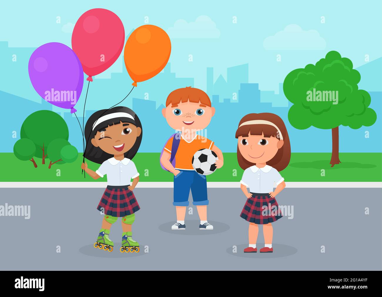 Happy friends children in school uniform stand together in park vector illustration. Cartoon girl in roller skates holding balloons, boy holding ball to play football, kids friendship background Stock Vector