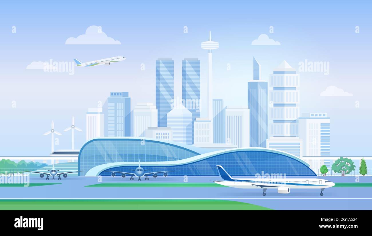 Airport terminal with airplanes, modern city skyline vector illustration. Cartoon urban panorama cityscape with airlines architecture, aircrafts on runway, towers of business skyscrapers background Stock Vector
