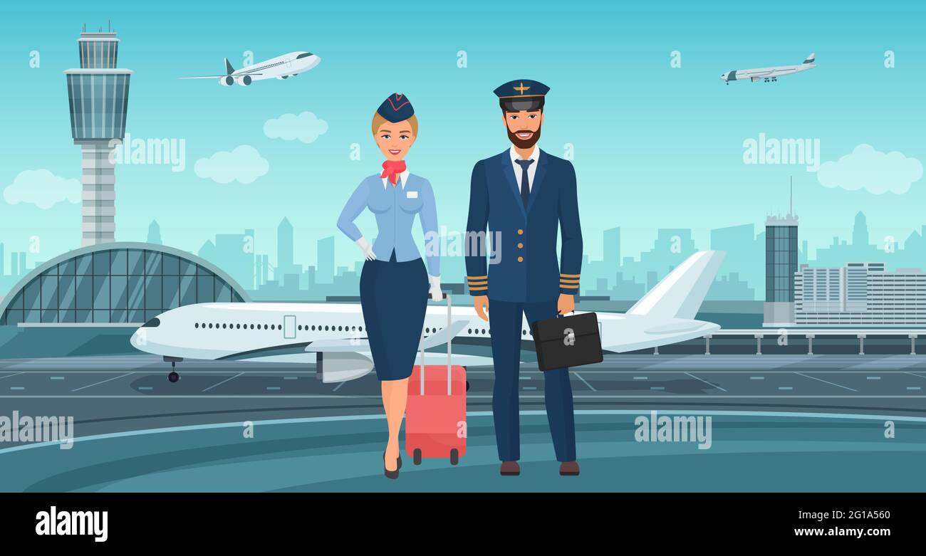 Pilot captain and stewardess, airplane crew standing next to aircraft vector illustration. Cartoon professional airline workers characters in uniform stand together on airport runway background Stock Vector