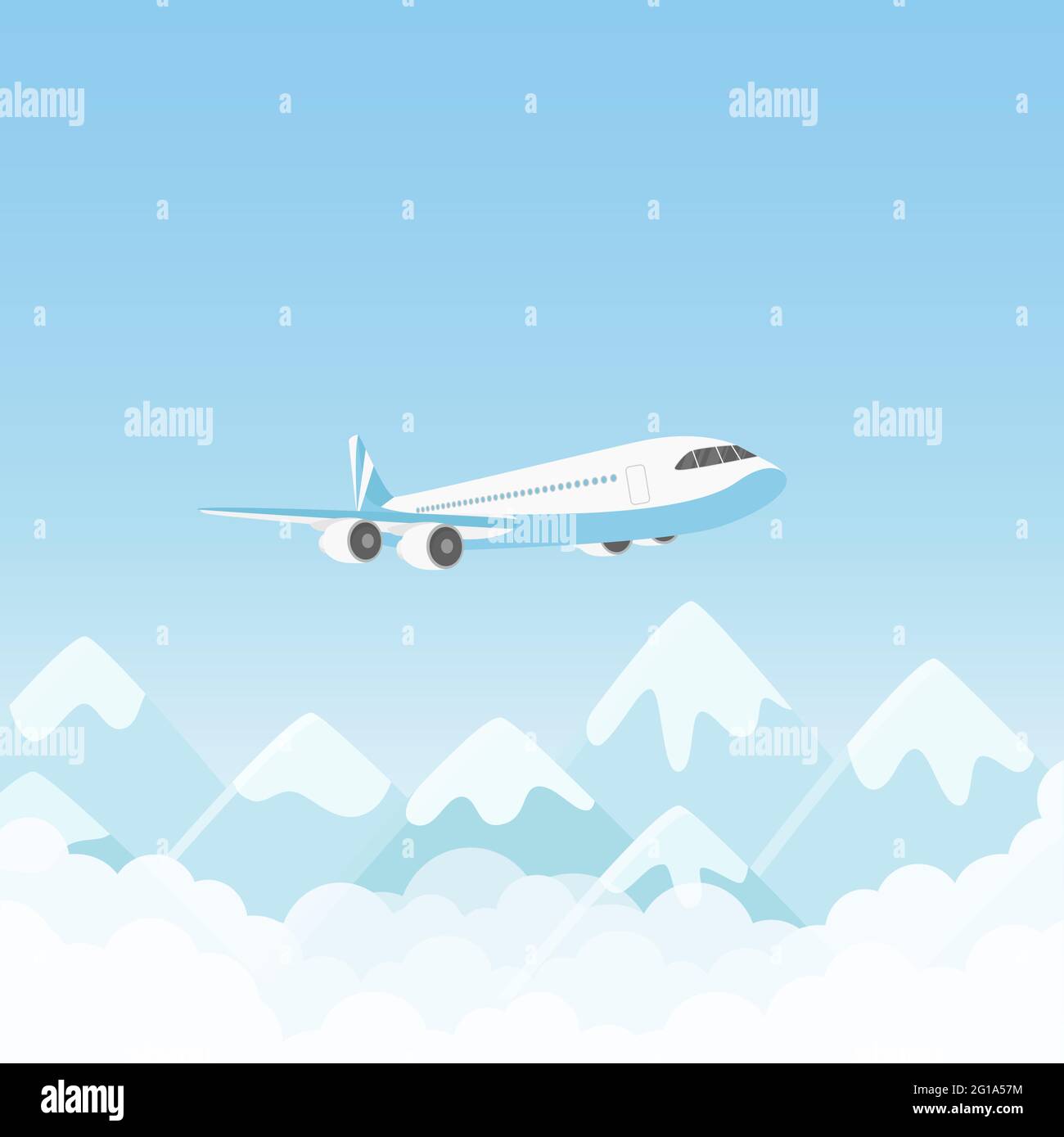 Airplane flight, air plane flying over mountains in blue sky vector illustration. Cartoon charter aircraft with passengers or cargo freight transport travel, international transportation background Stock Vector