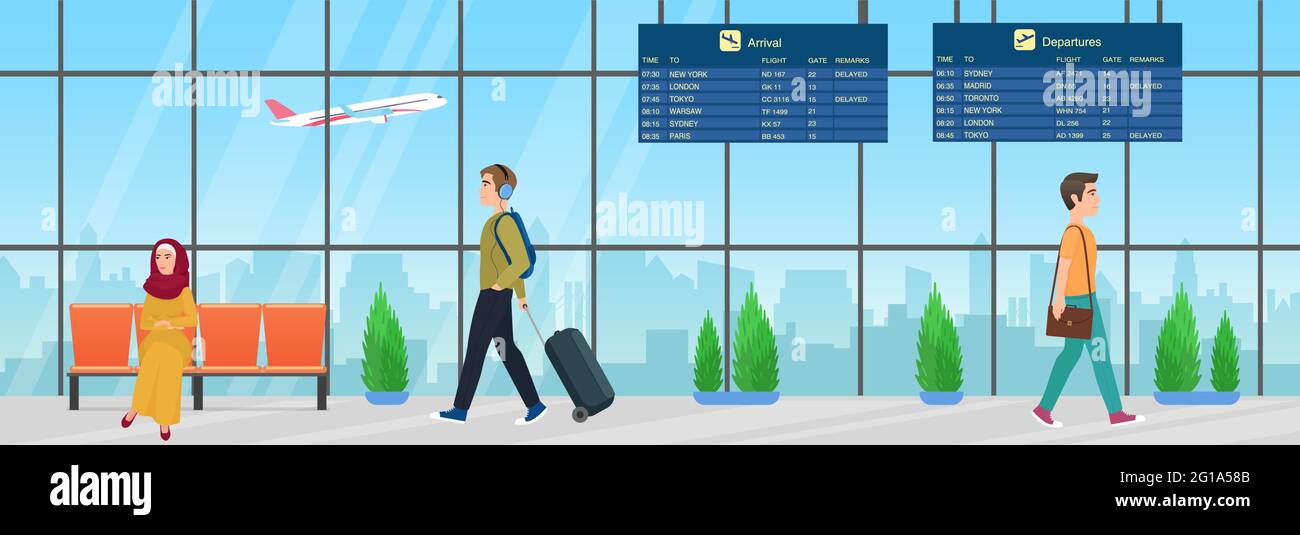Passenger people with luggage waiting for airplane flight in airport departure room interior vector illustration. Cartoon young muslim woman character in hijab sitting in chair, man walking background Stock Vector