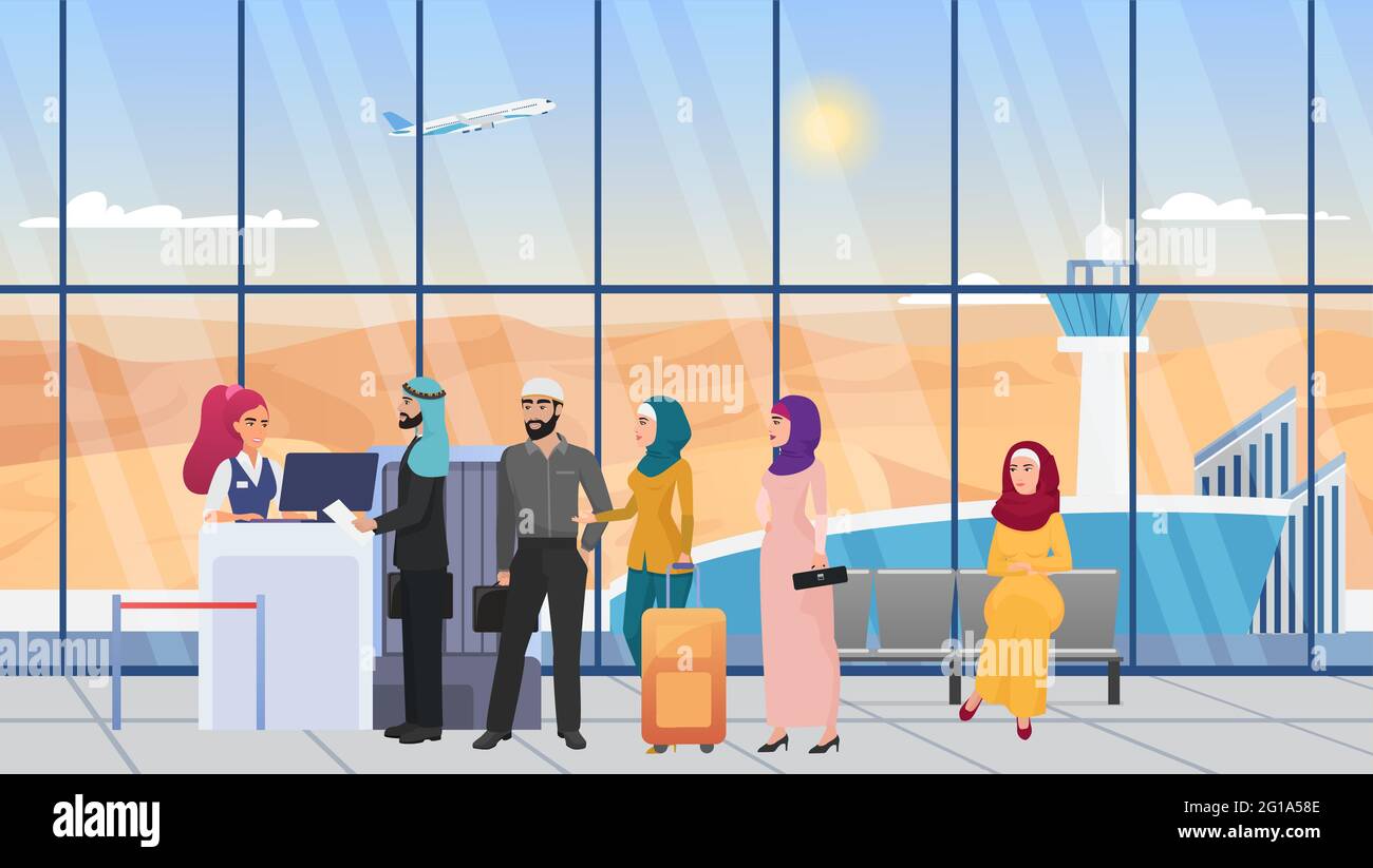 Saudi arab people waiting in line in airport hall terminal vector illustration. Cartoon young woman in hijab, man in robe with travel bag suitcases, muslim characters at flight registration background Stock Vector