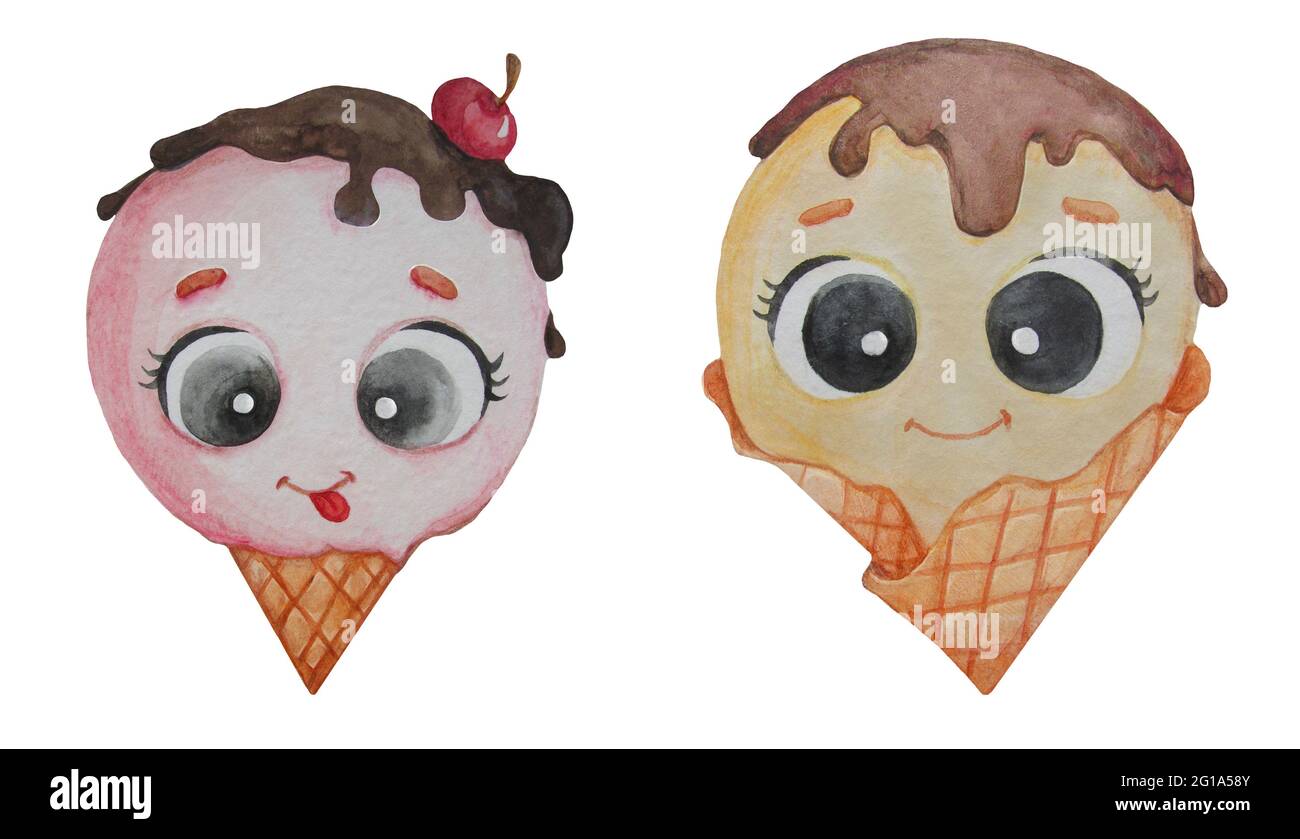 Cute character. Ice cream pair - Girl and boy chocolate ice cream scoop with eyes and smile in a waffle cup. Watercolor illustration. Childrens collec Stock Photo