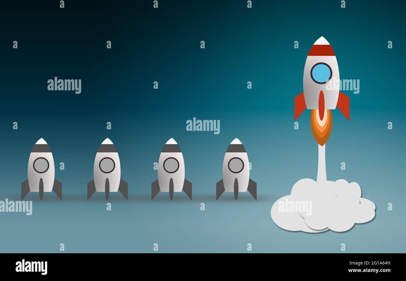 Startup project concept with rocket launch, 3D rendering Stock Photo ...