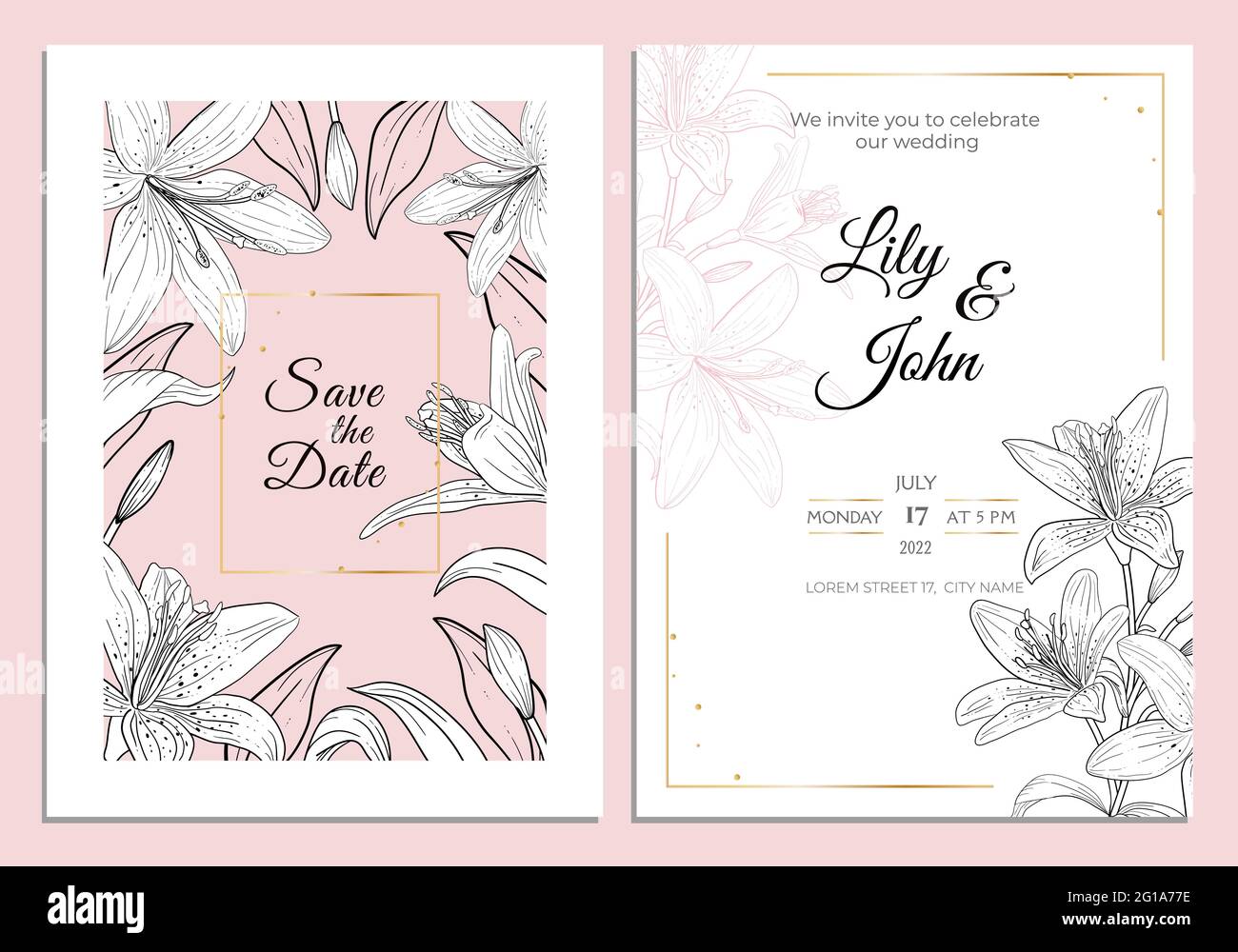 Lily Wedding Invitation card, save the date template. Black and white lily flowers and leaves with golden frame on pink background. Hand drawn vintage Stock Vector