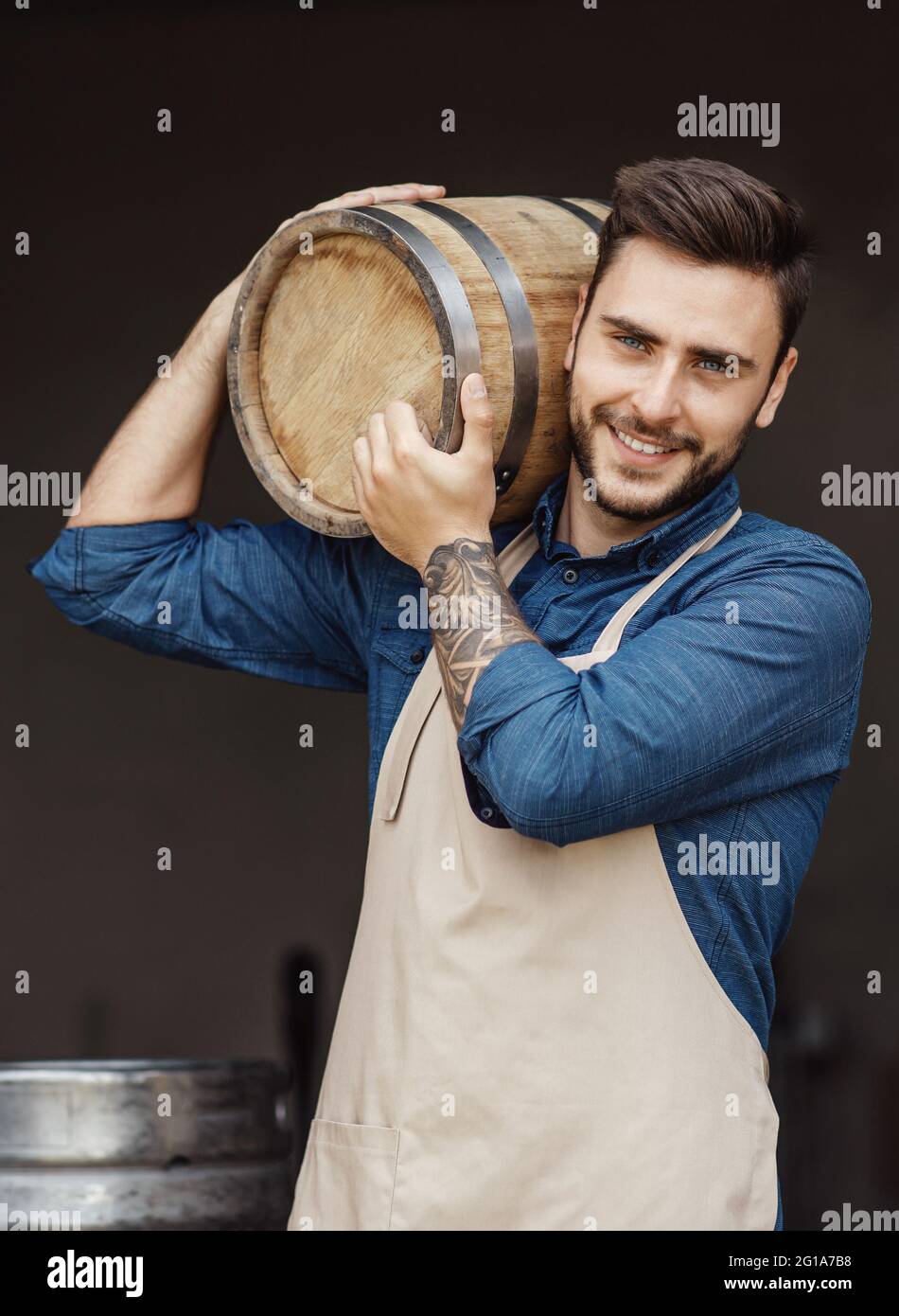Beer business, alcohol production for sale and worker at plant Stock Photo