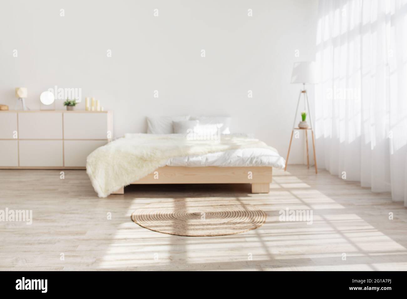 Nobody in bedroom interior in modern minimalist design Stock Photo