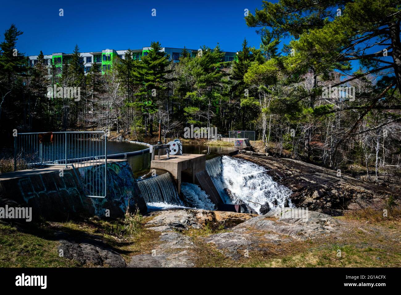 the Kearney Lake Dam in nova scotia canada in early spring Stock Photo ...