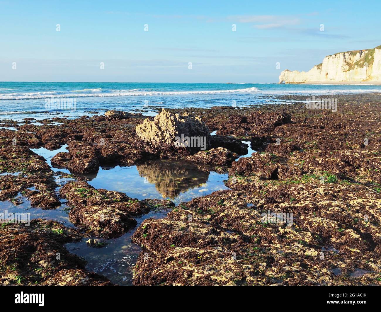 Low tide has exposed stone sea bottom, Etretat, France Stock Photo