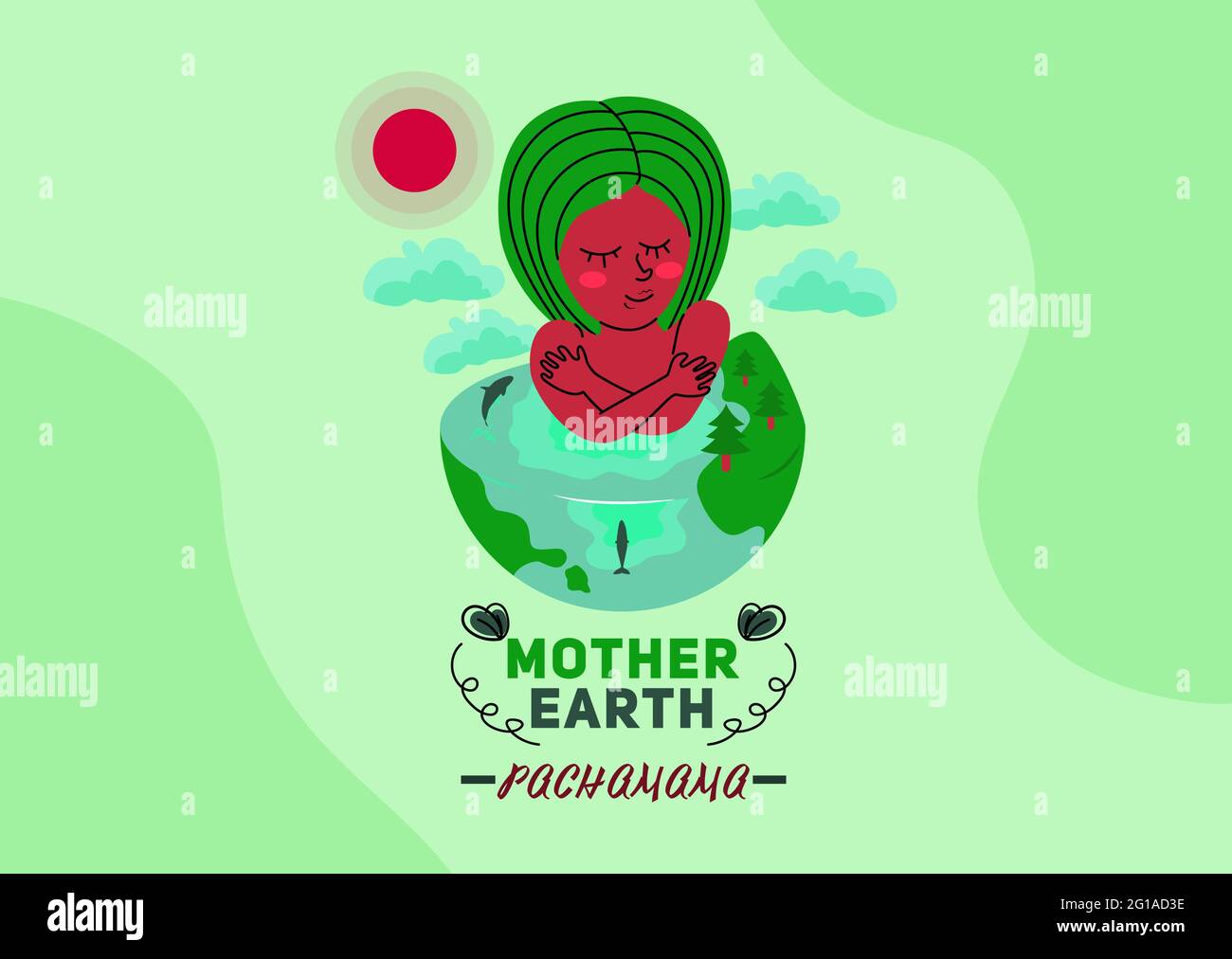 Mother earth pachamama celebration concept design, Pachamama hugs herself and half of her is a half earth with mountains and whales isolated on greeni Stock Vector