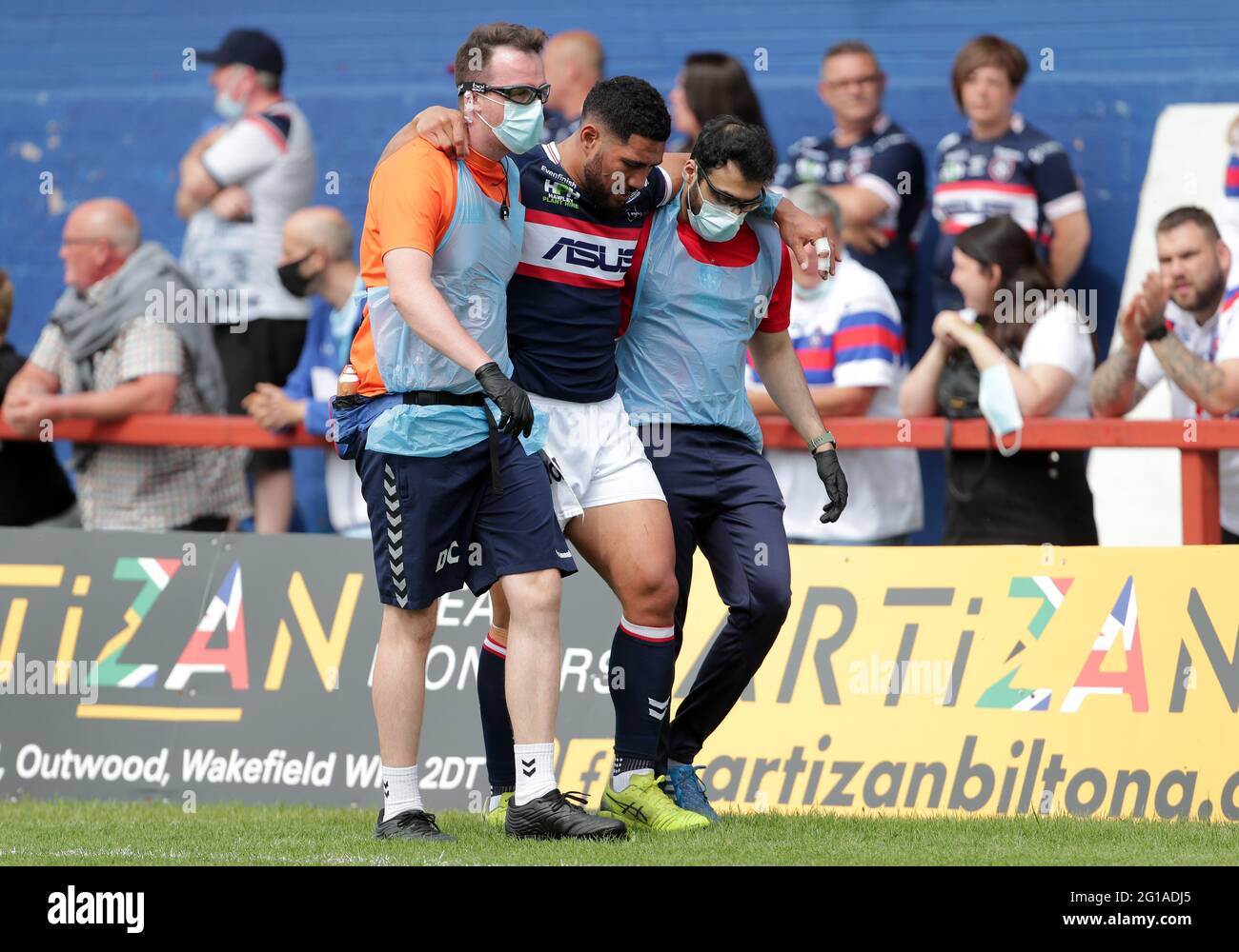Wakefield Trinity's Kelepi Tanginoa leaves the pitch with an injury during the Betfred Super League match at the Mobile Rocket Stadium, Wakefield. Picture date: Sunday June 6, 2021. Stock Photo