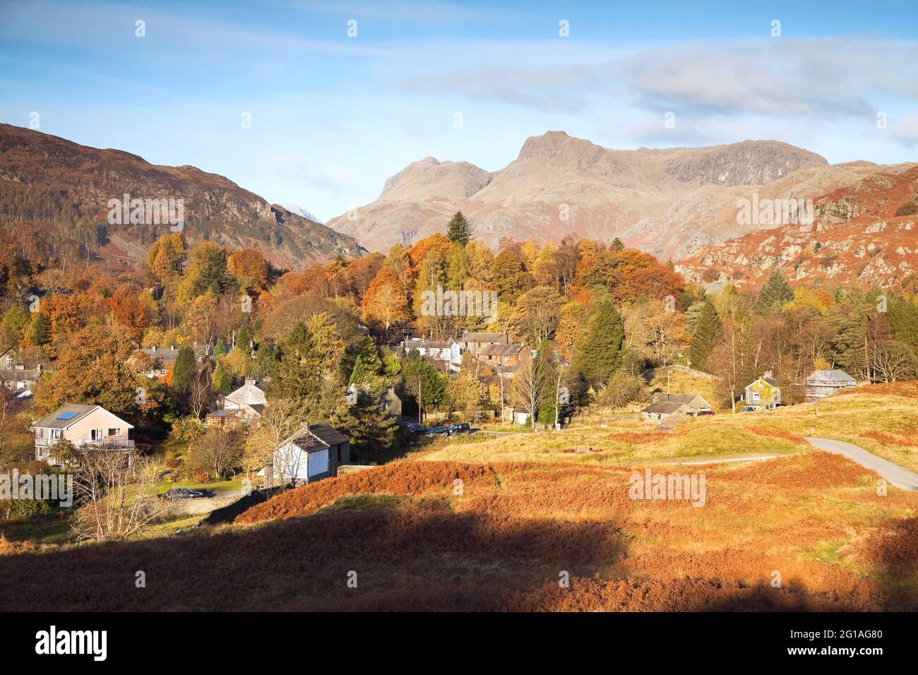 The village of Elterwater in the Great Langdale Valley, Cumbria Stock Photo