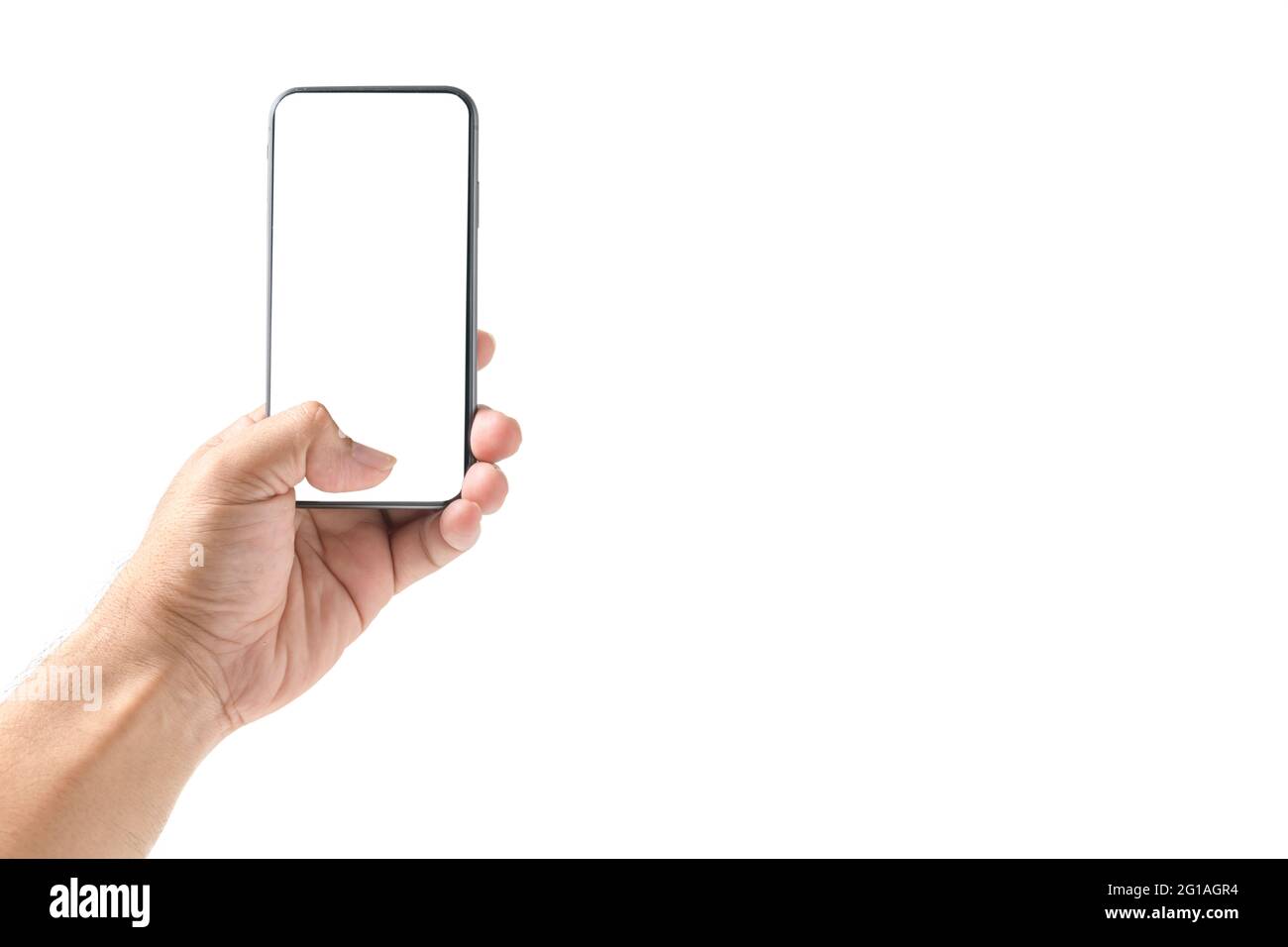 Man hand using smartphone with blank screen, isolated on white background Stock Photo