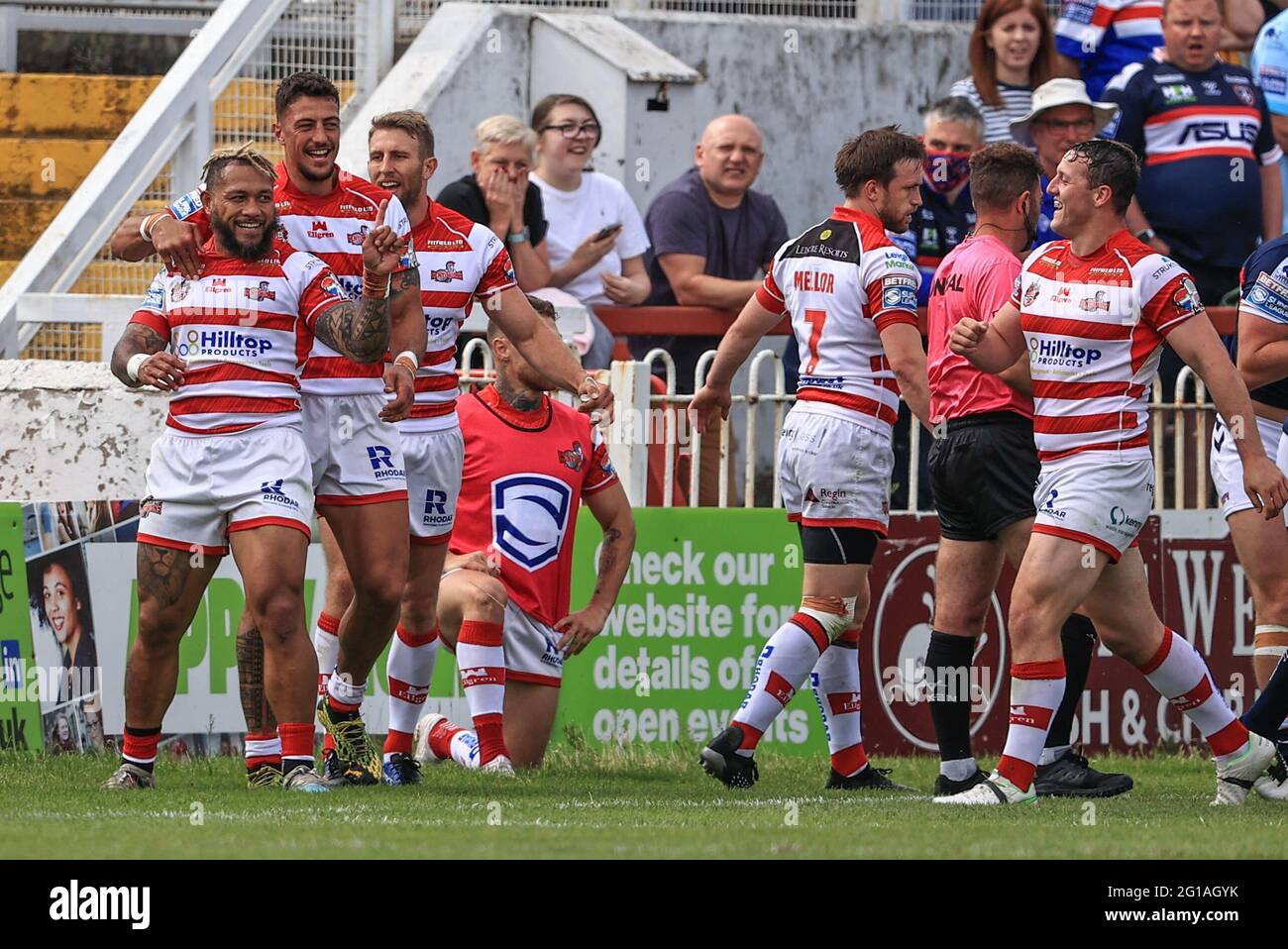 Wakefield, UK. 06th June, 2021. Junior Sa'u (4) of Leigh Centurions celebrates stopping a Wakefield try in the corner in Wakefield, United Kingdom on 6/6/2021. (Photo by Mark Cosgrove/News Images/Sipa USA) Credit: Sipa USA/Alamy Live News Stock Photo