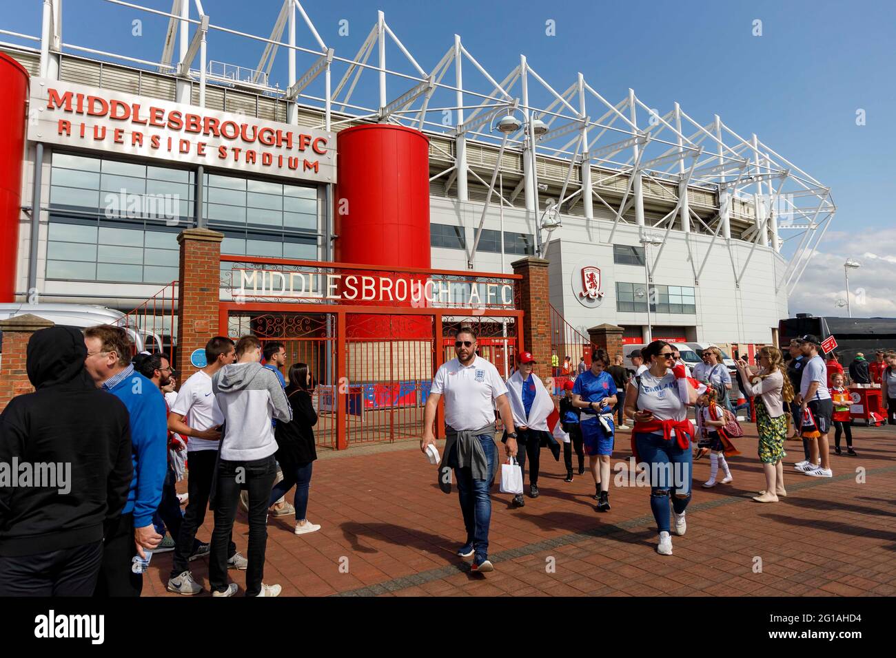 Middlesbrough, UK. 06th June, 2021. England fans arrive at the International Friendly match between England and Romania at Riverside Stadium on June 6th 2021 in Middlesbrough, England. (Photo by Daniel Chesterton/phcimages.com) Credit: PHC Images/Alamy Live News Stock Photo