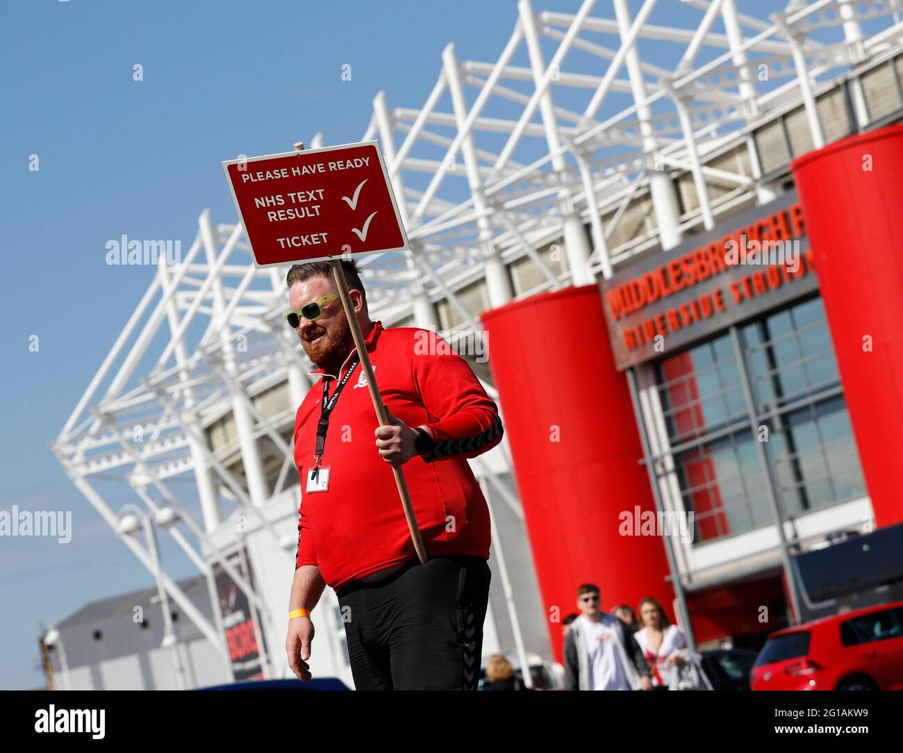 Middlesbrough, UK, 6th June 2021. A fans helper with instructions on entrance requirements during the International Friendly match at the Riverside Stadium, Middlesbrough. Picture credit should read: Darren Staples / Sportimage Credit: Sportimage/Alamy Live News Stock Photo
