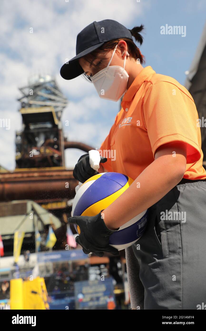 Ostrava, Czech Republic. 05th June, 2021. Disinfection of a ball during