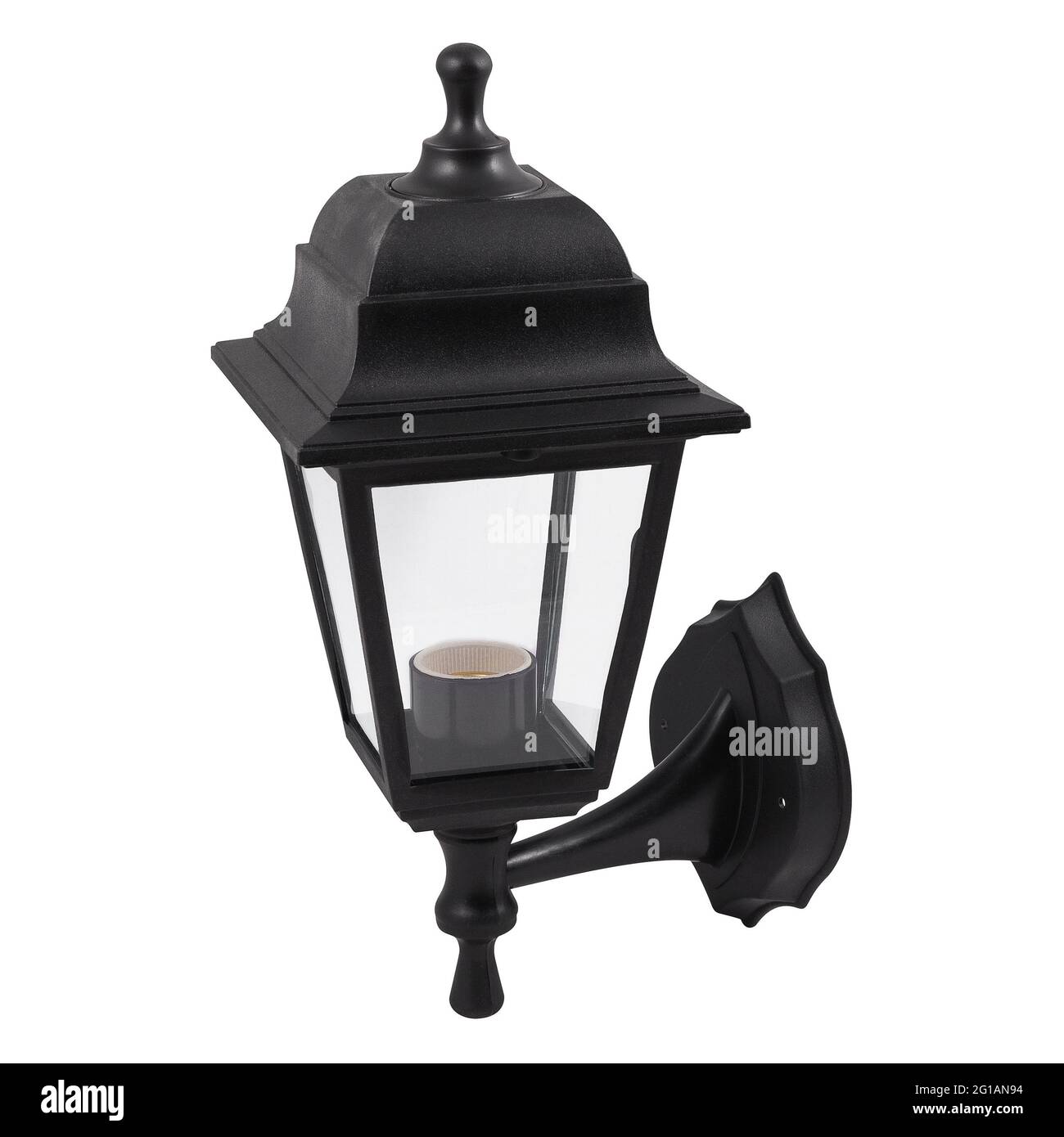 Black plastic wall lantern isolated on white background. Plastic street light. Stock Photo