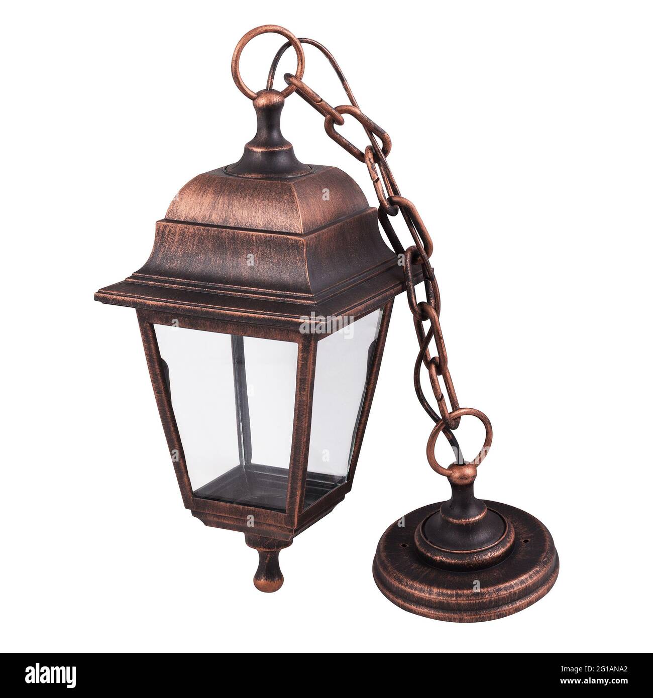 Hanging copper garden lantern isolated on white background. Copper