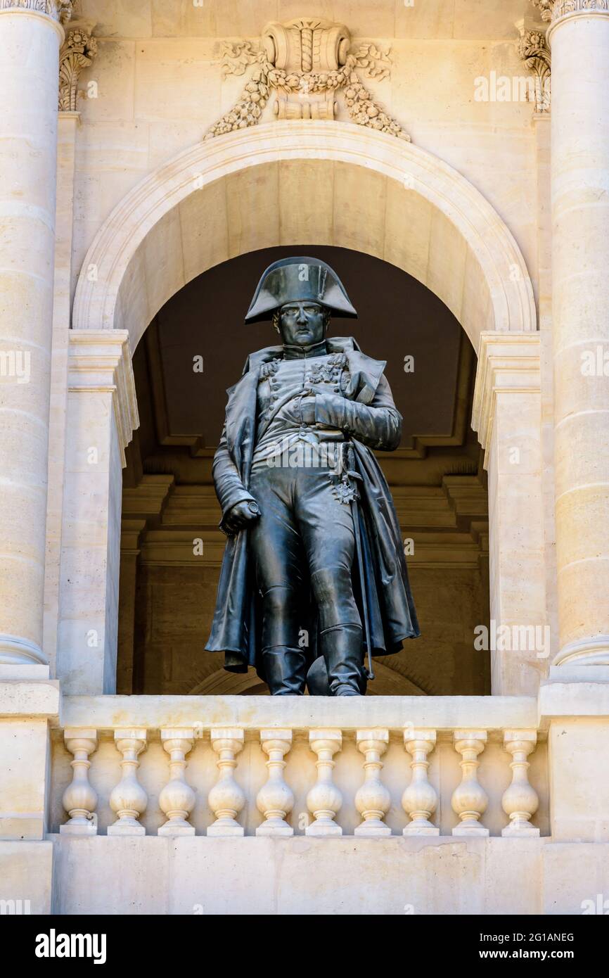 Close-up view of the statue of Napoleon Bonaparte on the balcony of the southern facade of the court of honor of the Hotel des Invalides in Paris. Stock Photo