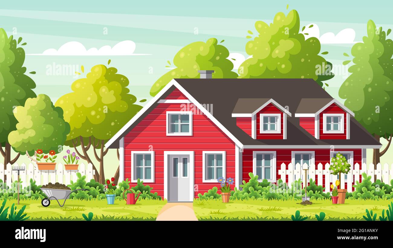 Red House In Summer Landscape Stock Vector