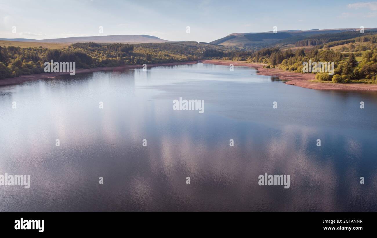 Aerial view of Llwyn-onn Reservoir, Brecon Beacons National Park, Wales, UK Stock Photo