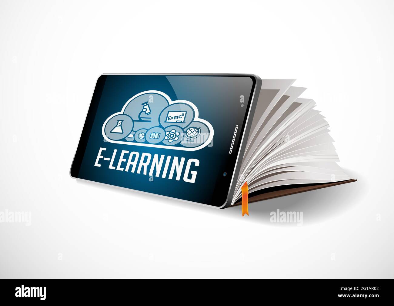 Elearning concept - mobile phone as book with word E-LEARNING Stock Photo