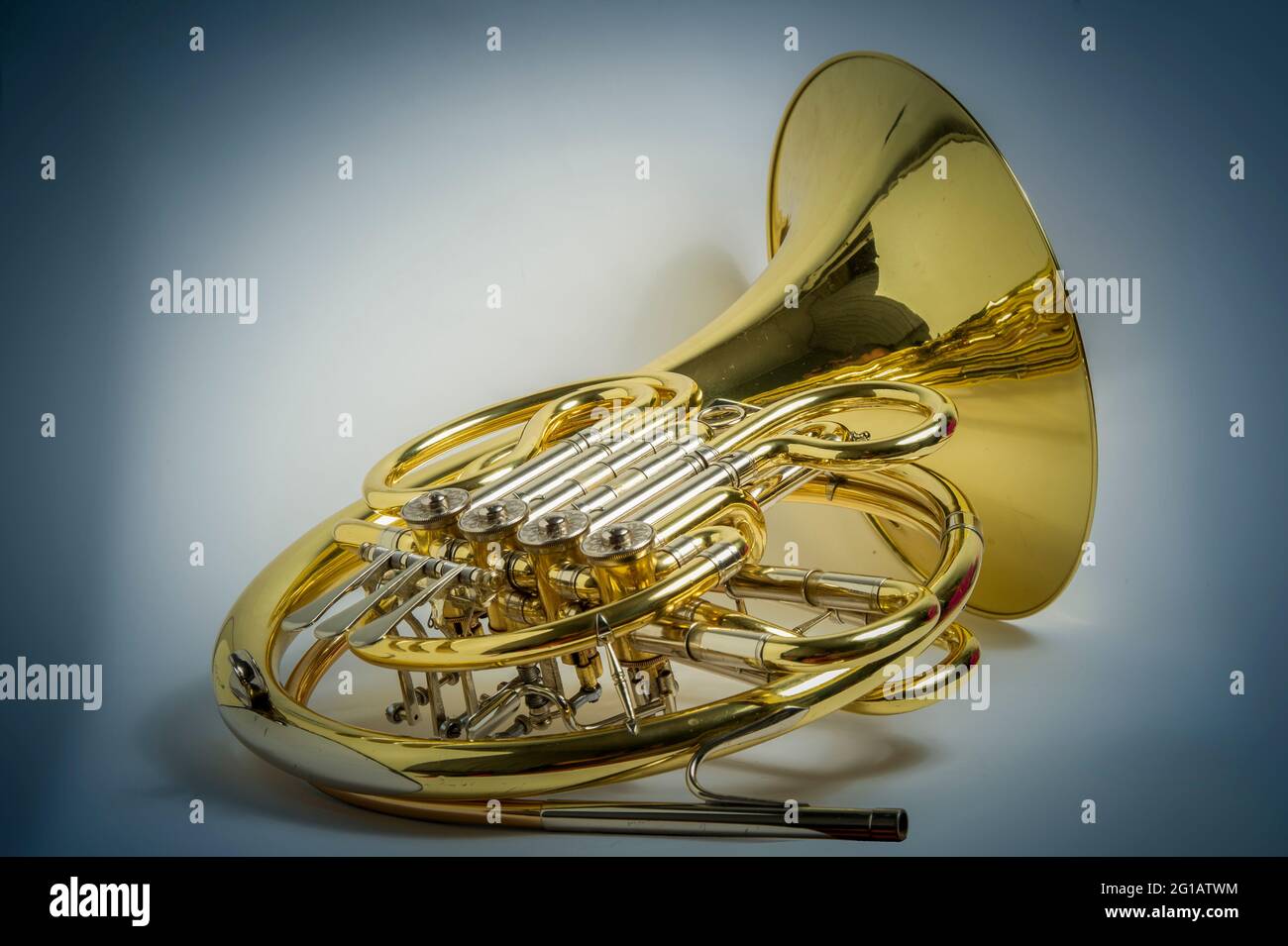 Yellow full double BbF French horn brass wind musical instrument on a white  background with blue colored vignette Stock Photo - Alamy