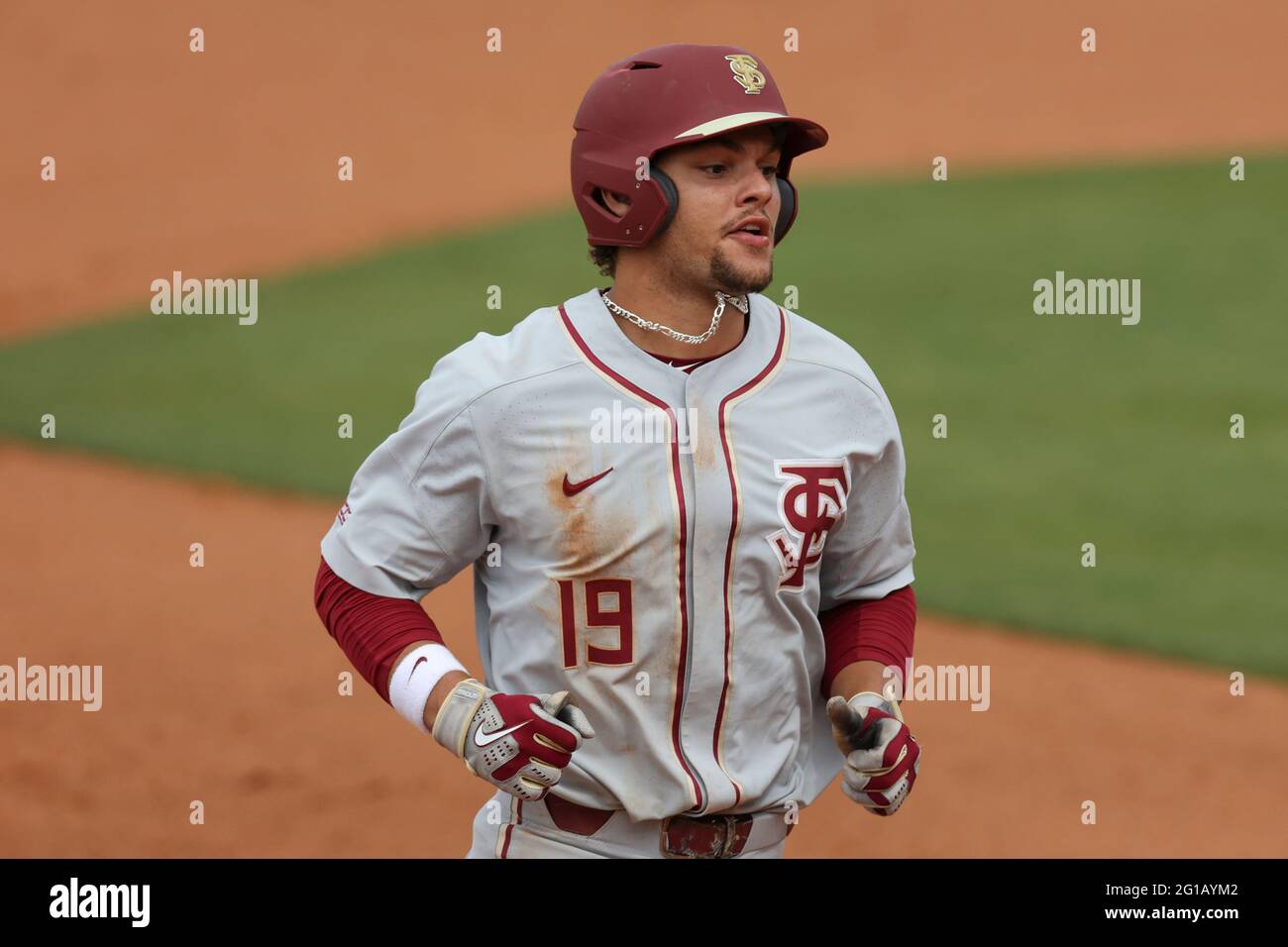 June 04, 2021: After hitting a home run, Florida State outfielder Elijah  Cabell (19) heads to third base during an NCAA Regional baseball game  between Southern Miss and Florida State at Swayze