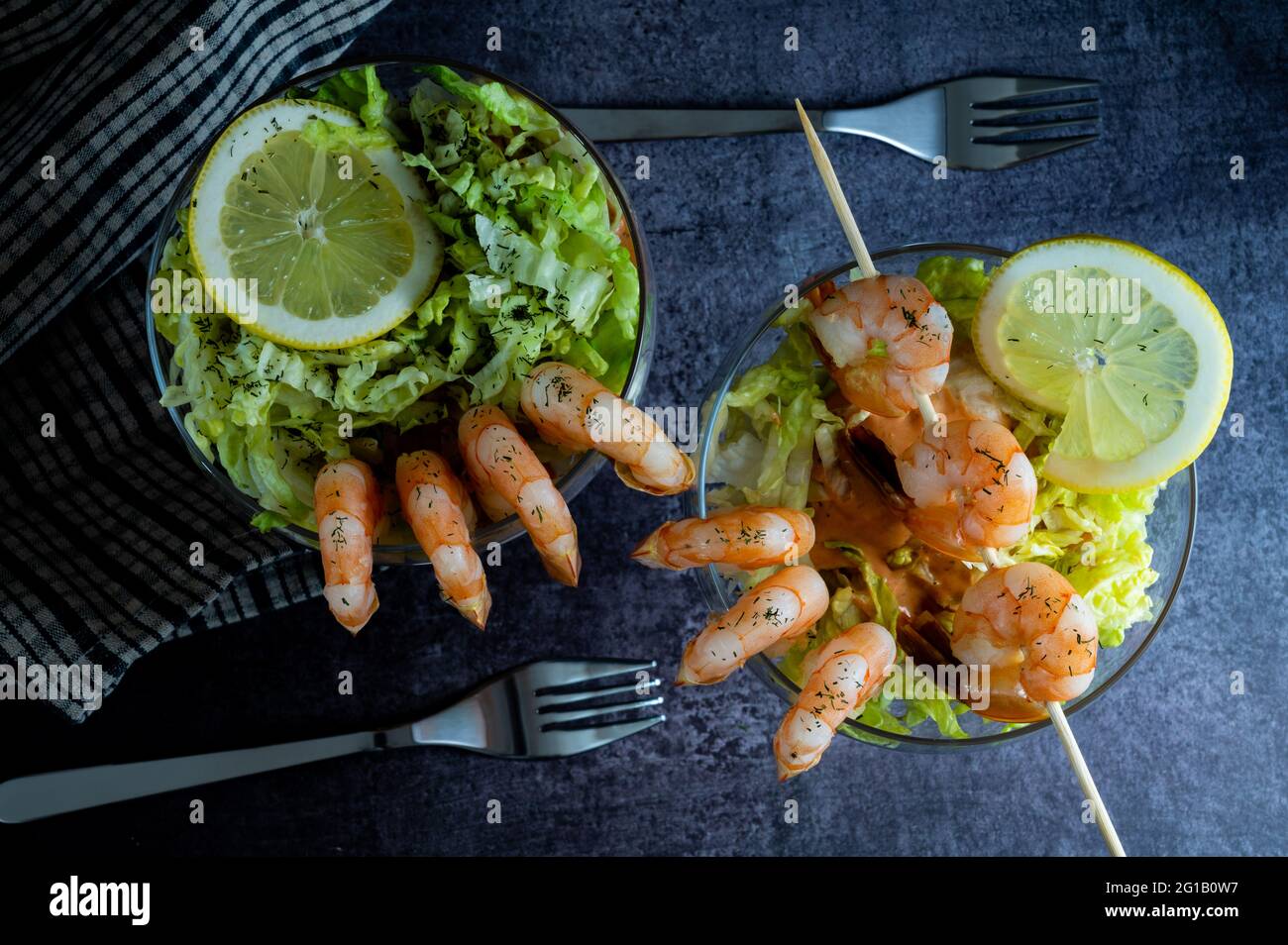 Fresh marine food Shrimp cocktail starter served in a tropical tourist