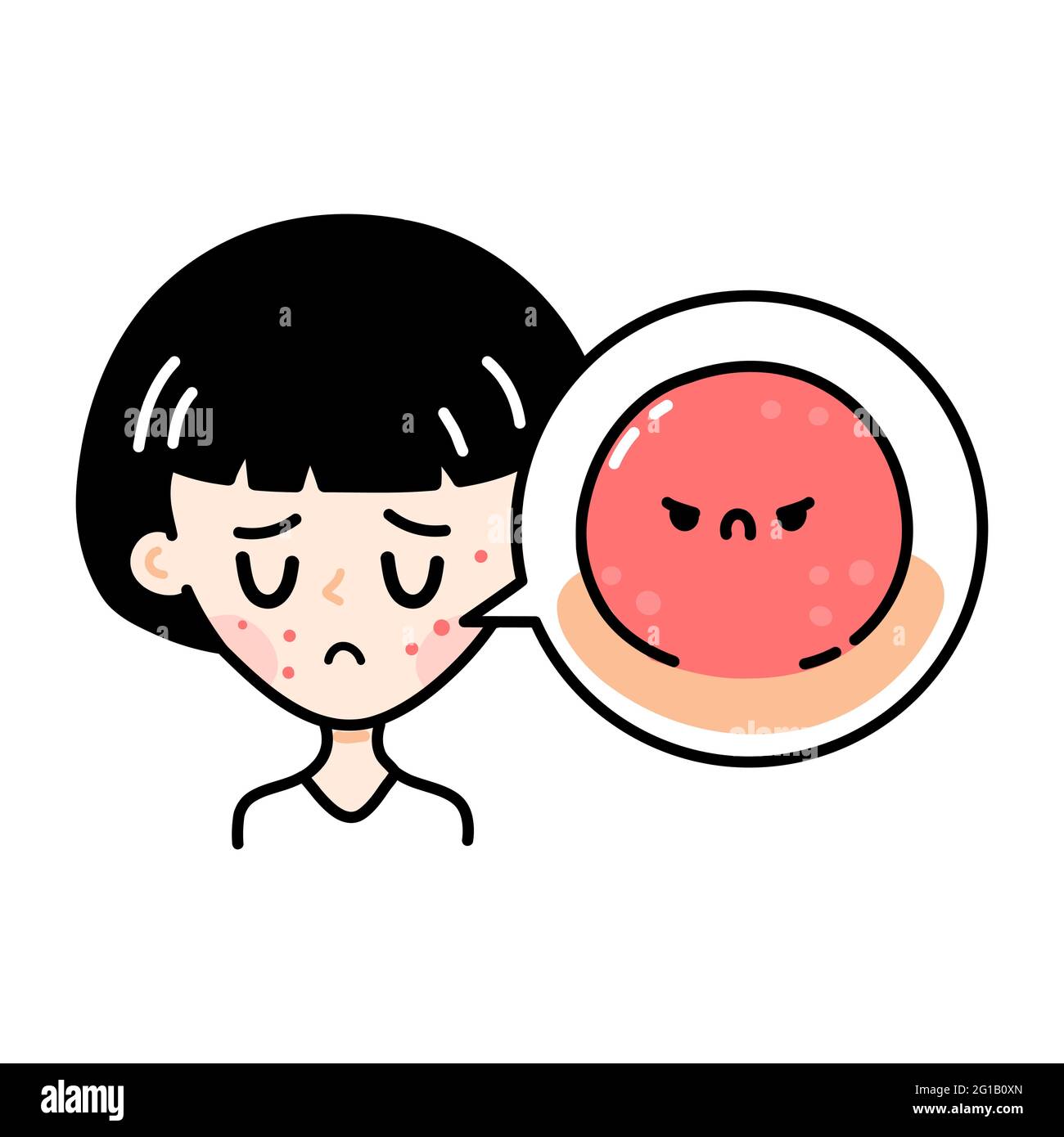 Cute sad teenage girl with angry scary acne. Vector hand drawn cartoon kawaii character illustration icon. Isolated on white background. Girl woman with acne problem on skin doodle character concept Stock Vector
