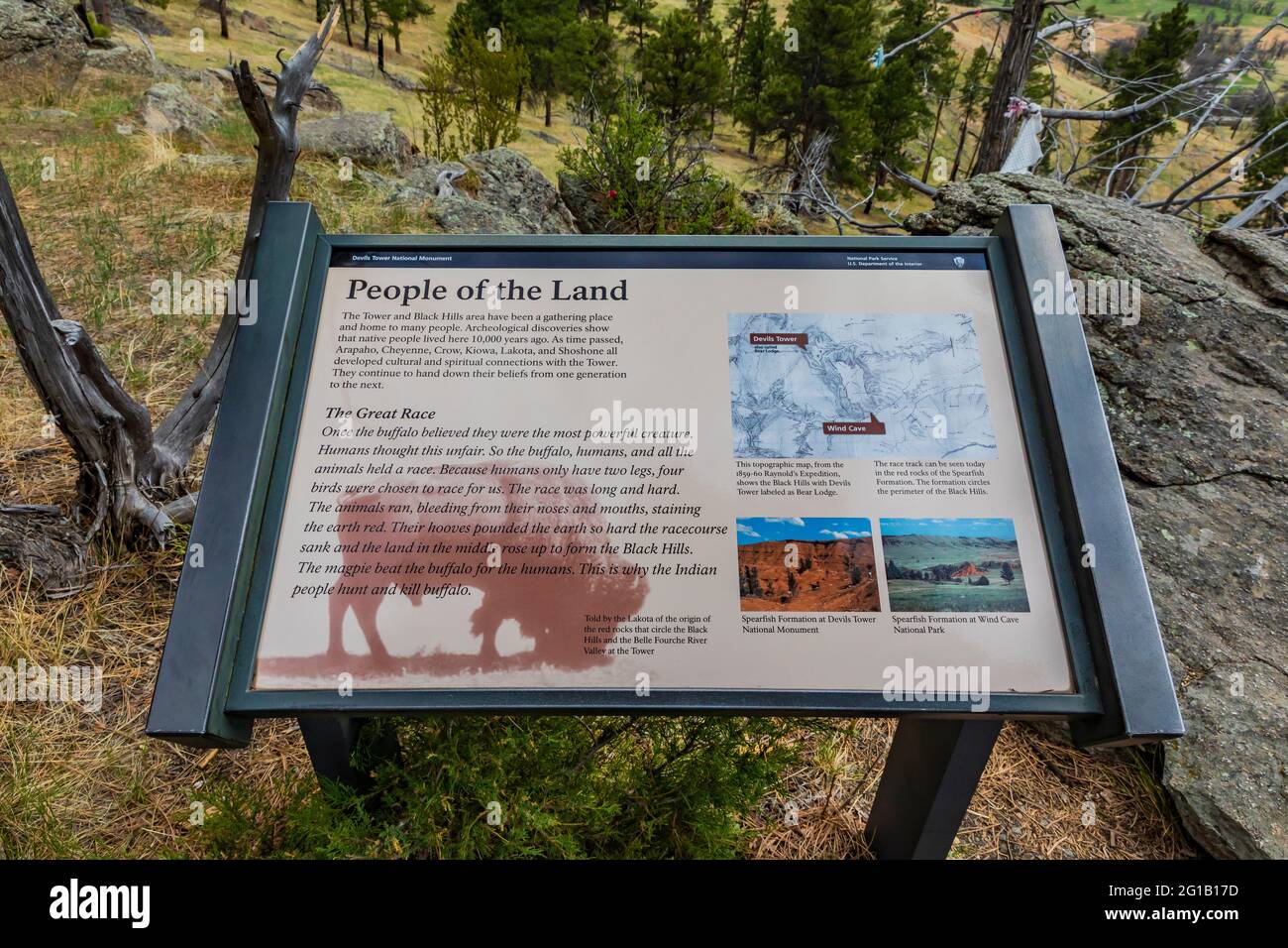 Interpretive sign about American Indians at Devils Tower, along Tower Trail in Devils Tower National Monument, Wyoming, USA {No artist release; availa Stock Photo