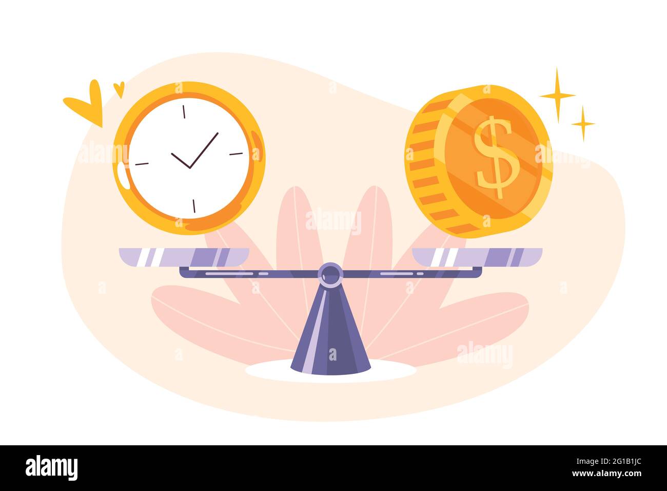 Time is money balance on scale icon. Concept of time management, economy and investment. Comparison work and value, financial profit. Vector flat illustration of coins, cash and watch on seesaw. Stock Vector
