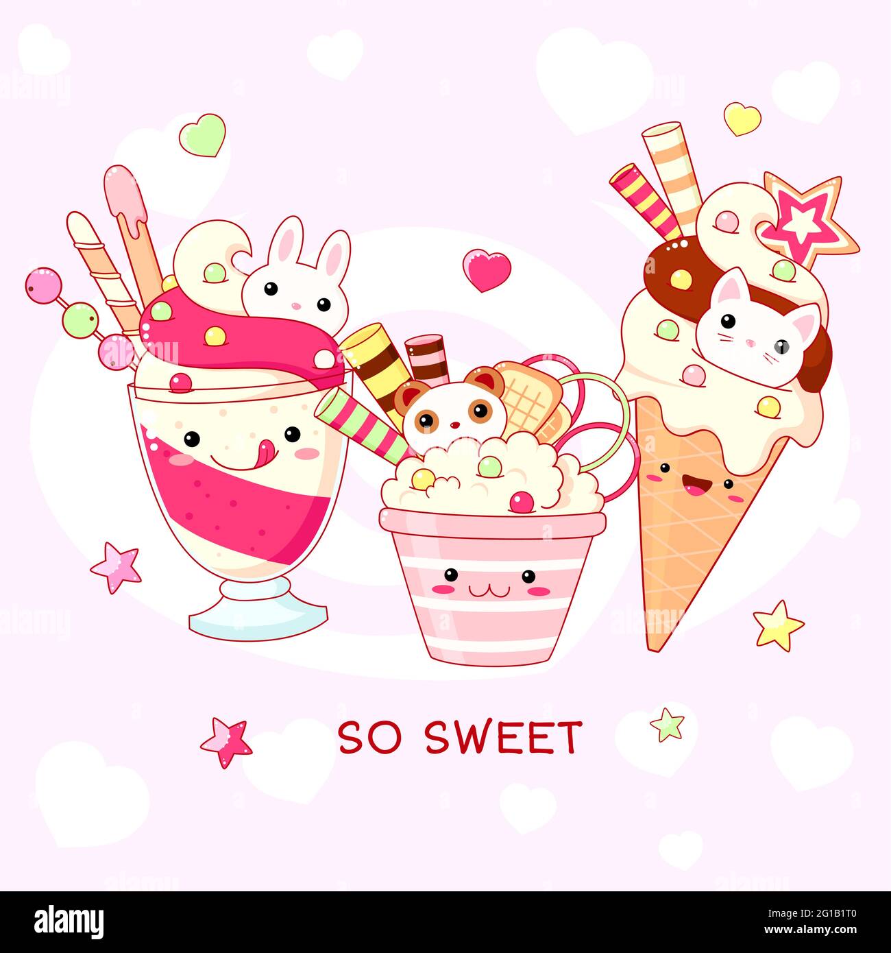 Funny background with cute sweet foods - ice cream, cake and cupcake.  Desserts in kawaii style with smiling face and pink cheeks. Inscription So  sweet Stock Vector Image & Art - Alamy