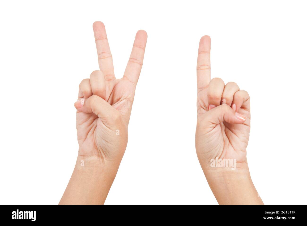 Woman hand showing fingers; Photo on white background. Stock Photo