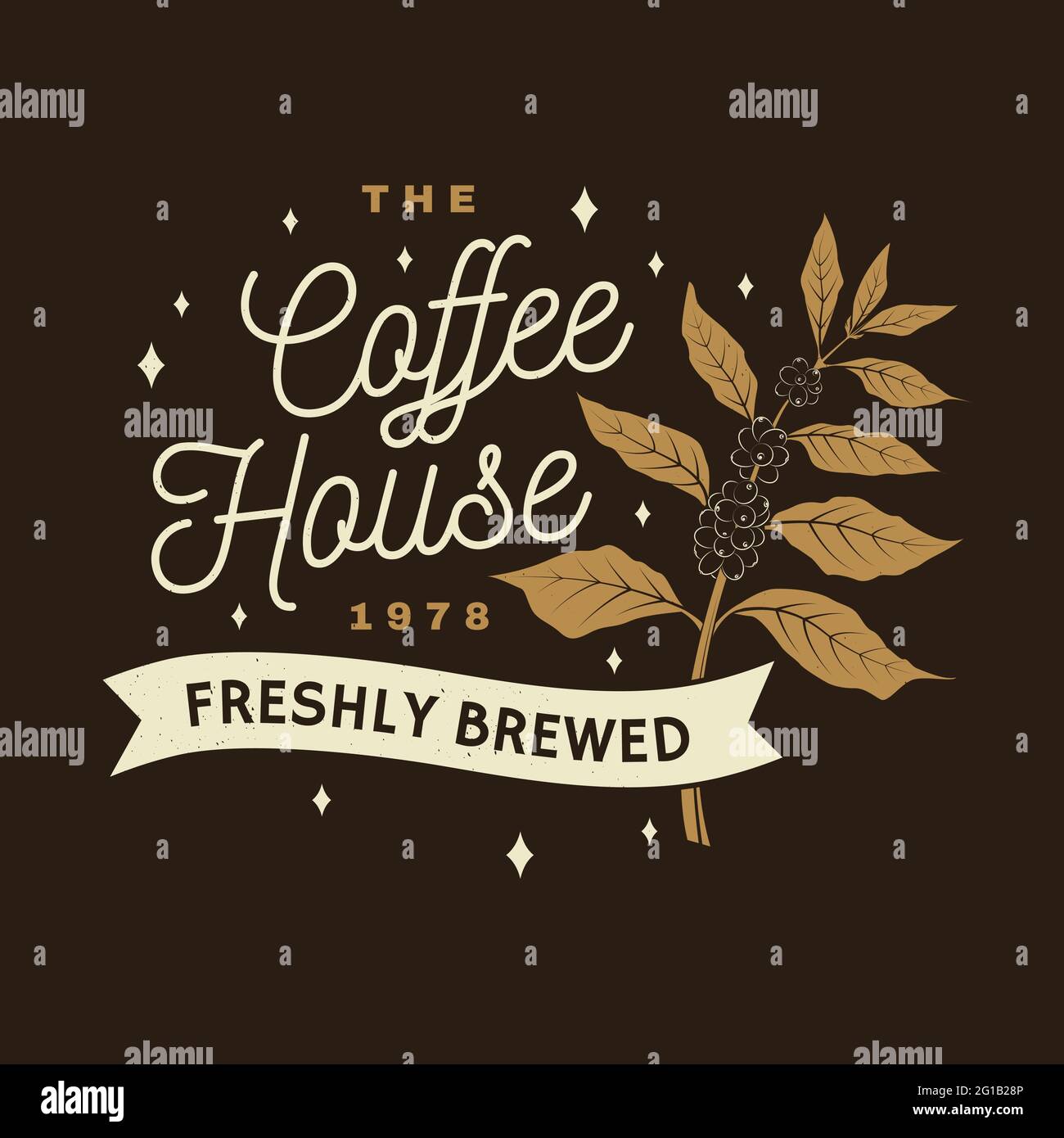 Coffe house logo, badge template. Vector . Typography design with coffee cup and branch of coffee tree silhouette. Template for menu for restaurant Stock Vector