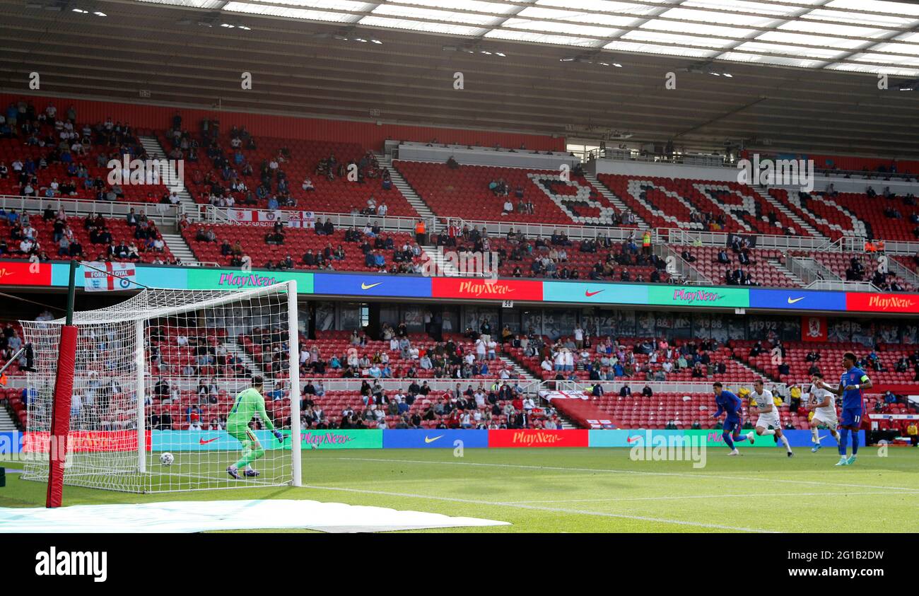 Middlesbrough, England, 6th June 2021. Marcus Rashford of England scores the first goal from the penalty spot during the International Friendly match at the Riverside Stadium, Middlesbrough. Picture credit should read: Darren Staples / Sportimage Stock Photo