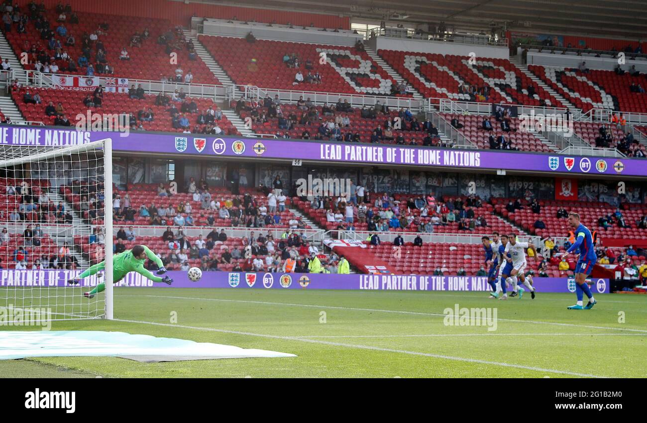 Middlesbrough, England, 6th June 2021. Florin Nita of Romania saves the penalty from Jordan Henderson of England during the International Friendly match at the Riverside Stadium, Middlesbrough. Picture credit should read: Darren Staples / Sportimage Stock Photo