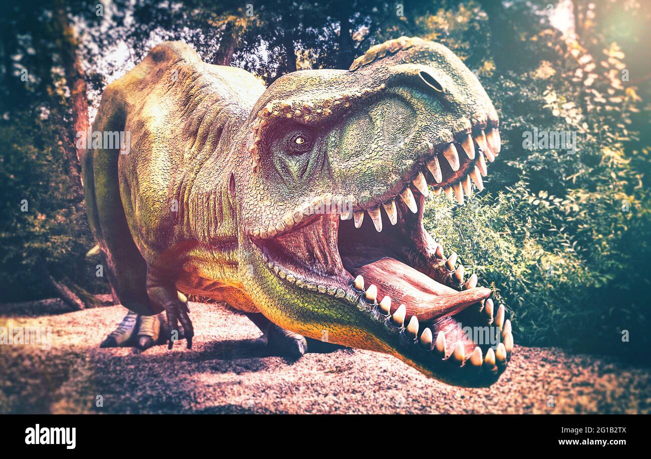 Jurassic Park. Dino Deluxe Expressionismus Dinosaurier Tyrannosaurus Rex als Panorama Poster. T.Rex in freier Wildbahn als Pop-Art Druck. Fressen Stock Photo
