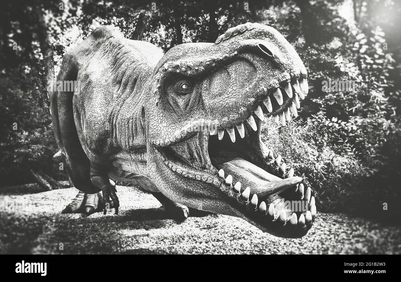 Jurassic Park. Dino Deluxe Expressionismus Dinosaurier Tyrannosaurus Rex als Panorama Poster. T.Rex in freier Wildbahn als Pop-Art Druck. Fressen Stock Photo