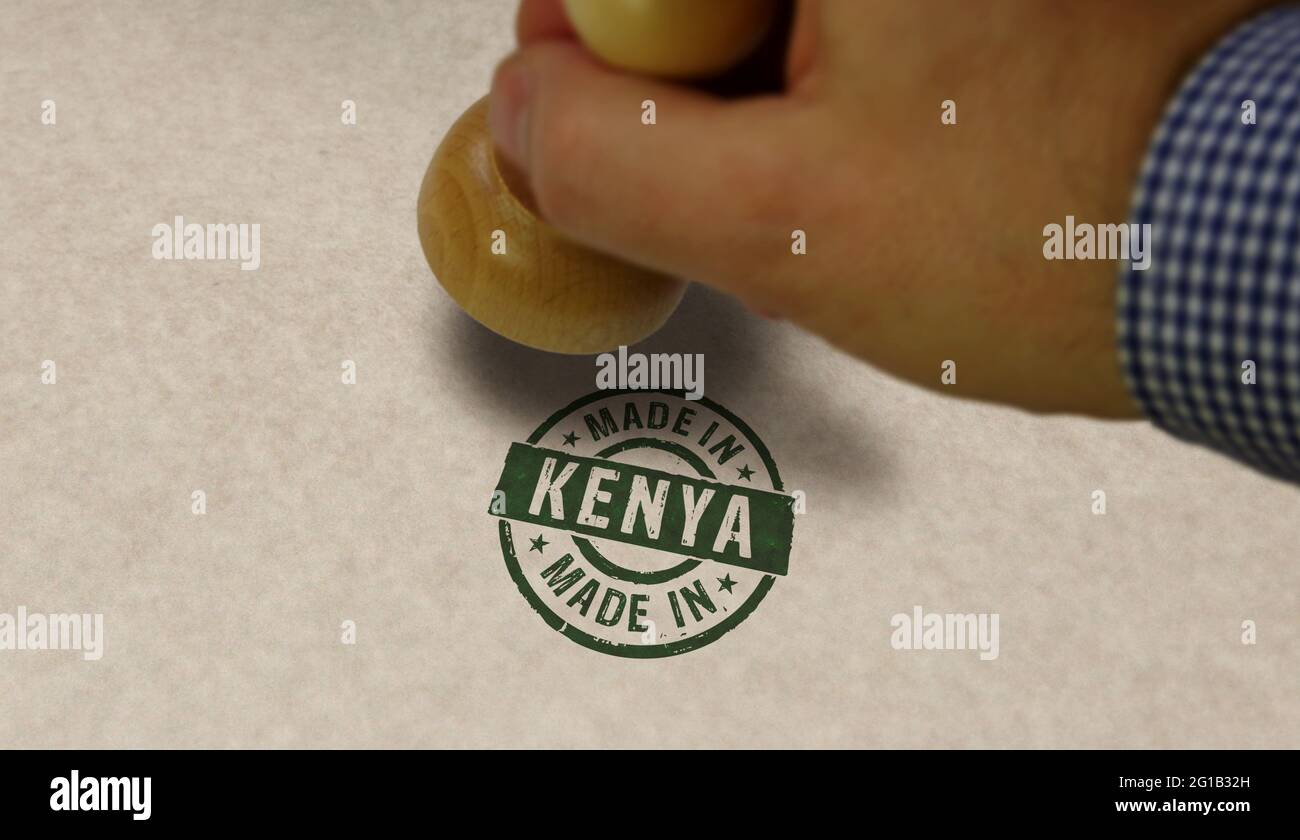 Made in Kenya stamp and stamping hand. Factory, manufacturing and production country concept. Stock Photo