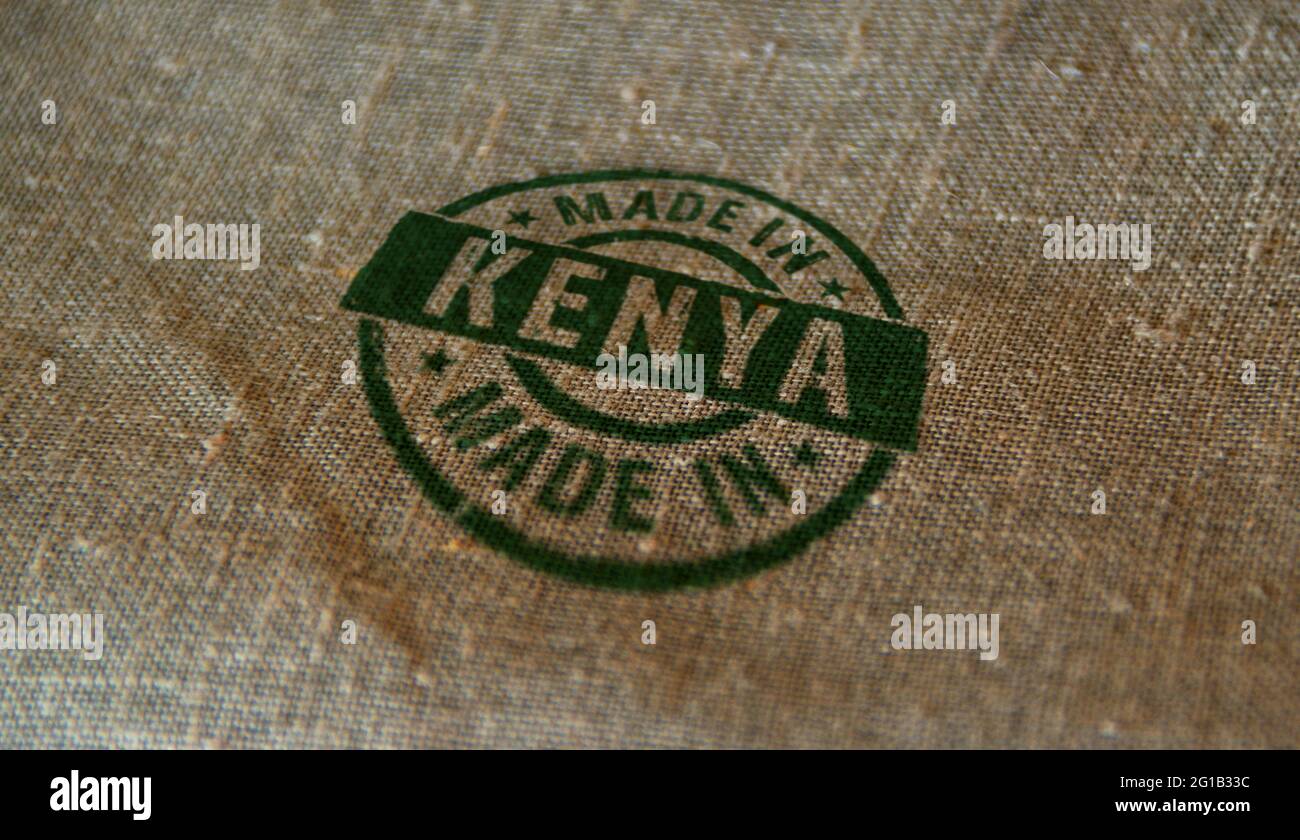 Made in Kenya stamp printed on linen sack. Factory, manufacturing and production country concept. Stock Photo