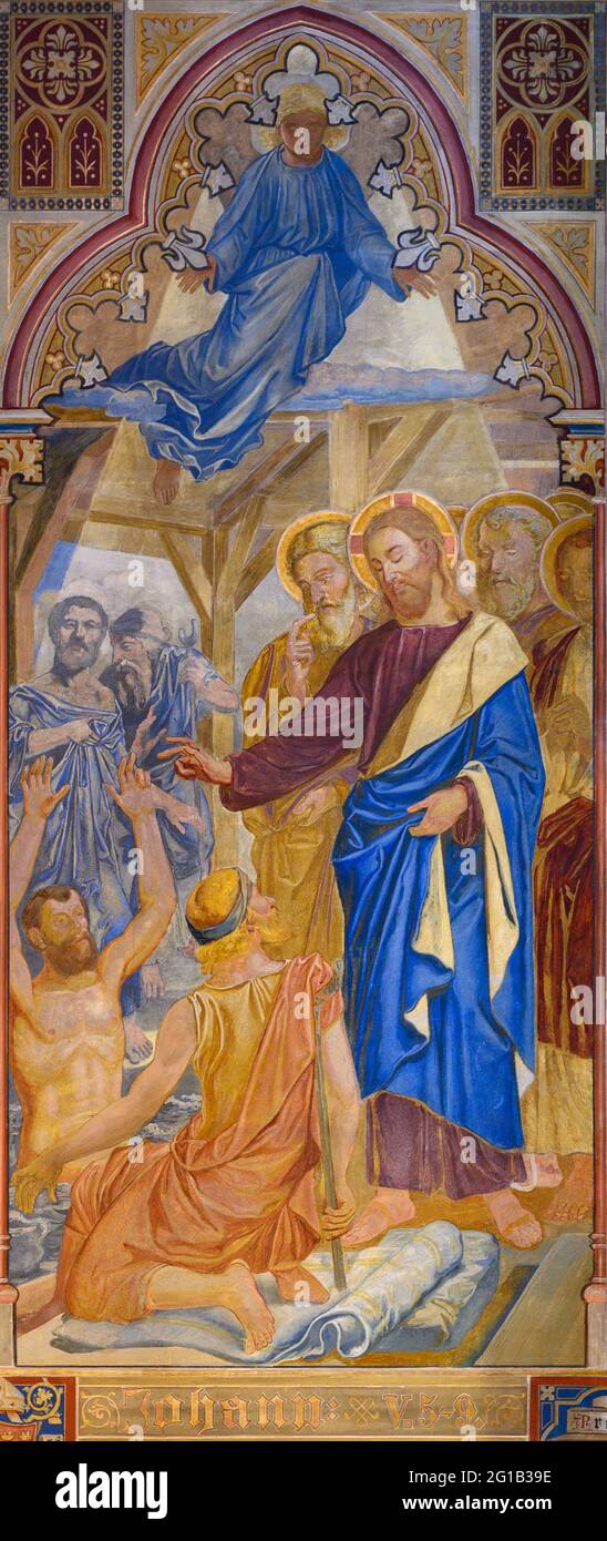 Fresco of Jesus healing an invalid at the pool of Bethesda during a Sabbath (John 5:5). Votivkirche – Votive Church, Vienna, Austria. Stock Photo