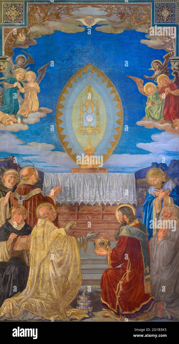 Fresco depicting Catholic clergy of all ranks, including a pope, kneeling in adoration before Jesus Christ in Eucharist. Votivkirche – Votive Church. Stock Photo